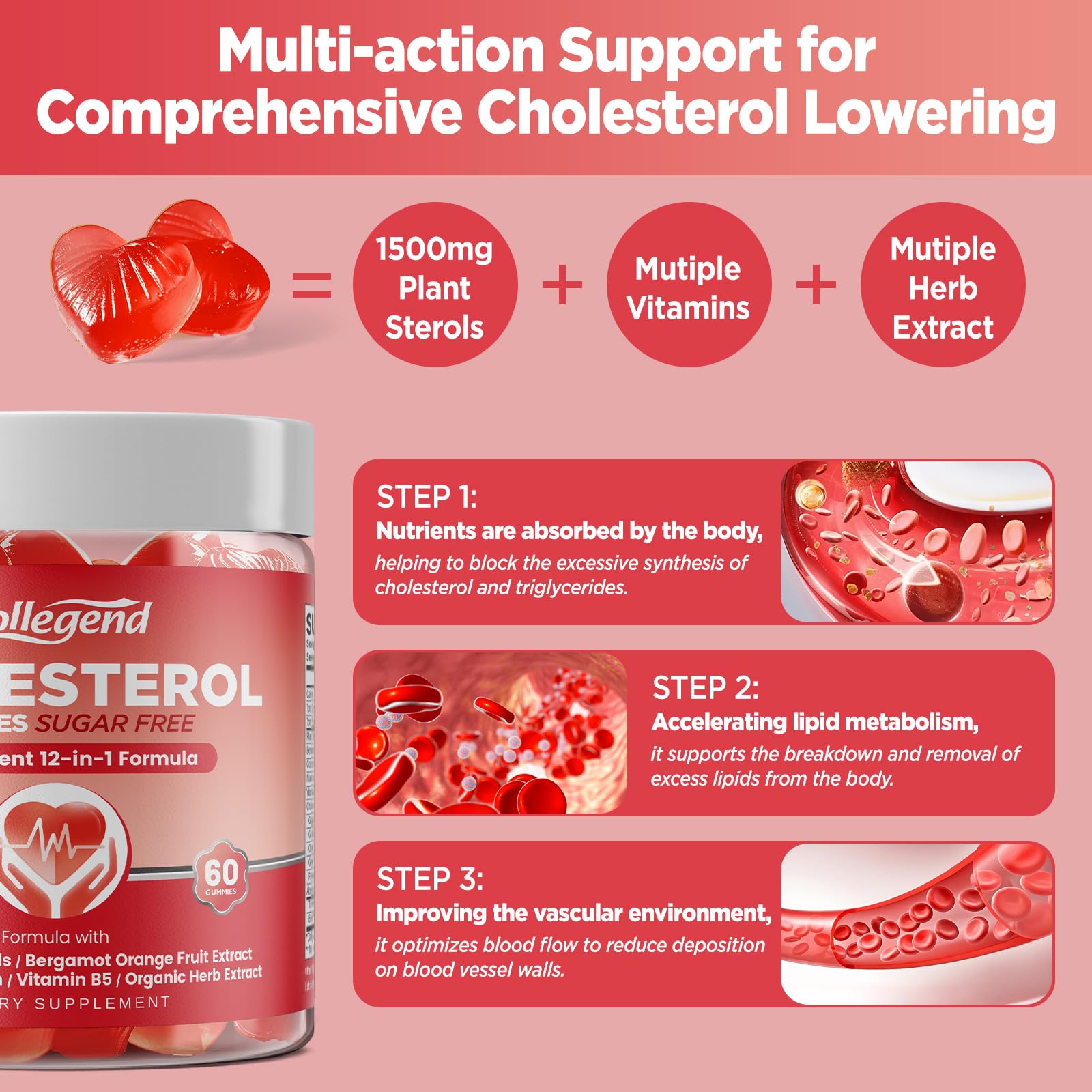 HOLLEGEND Cholesterol Gummies Sugar-Free,12-in-1 Cholesterol Supplements with Plant Sterols,Citrus Bergamot,CoQ10 and Vitamins for Cholesterol Health, Vegan, Mixed Berry Flavor, 60 Counts HOLLEGEND uk supplements