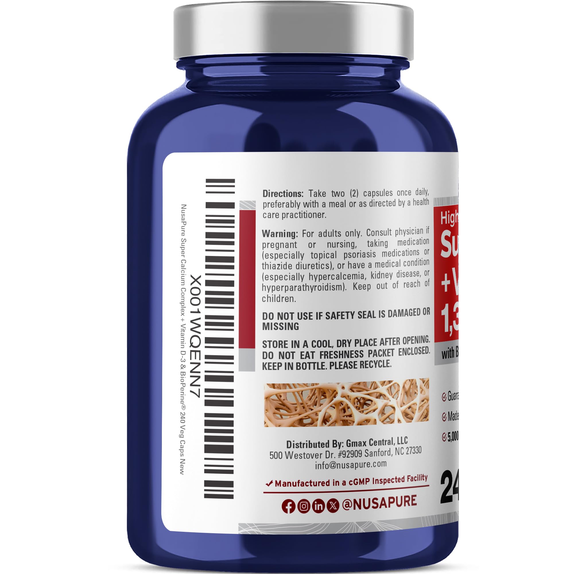 NusaPure Super Calcium with Vitamin D 3 & Calcium Citrate - Suitable for Vegetarian/Vegan, Non - GMO - 1300mg - 240 Capsules NusaPure uk supplements