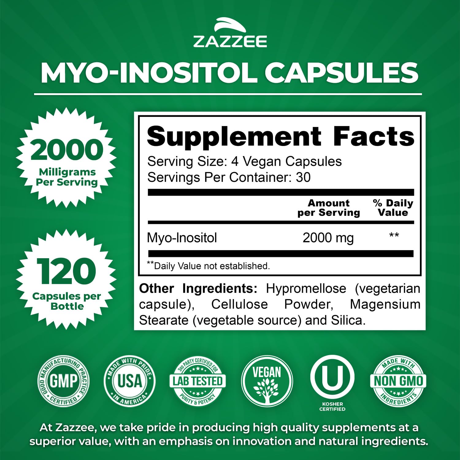 Zazzee Myo-Inositol Capsules, 2000 mg per Serving, 120 Vegan Capsules, Ideal Dosage for 40:1 Ratio, Certified Kosher, Hormone Balance & Healthy Ovarian Function Support, Non-GMO, Made in The USA Zazzee uk supplements
