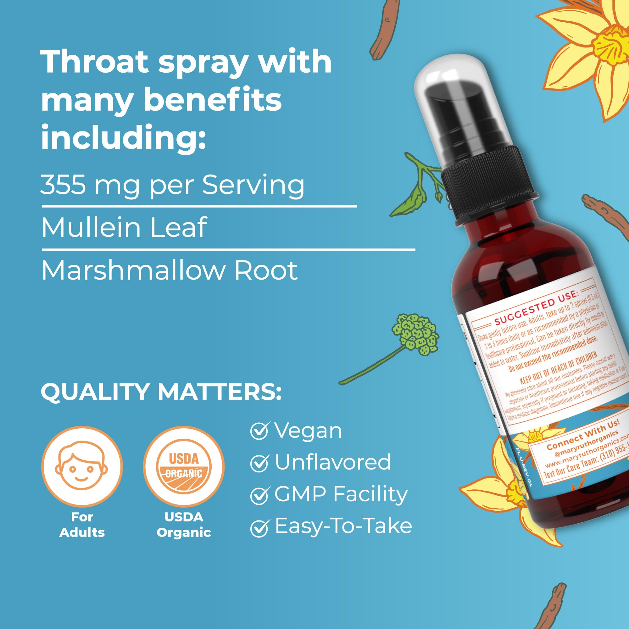 MaryRuth Organics USDA Organic Throat Spray with Mullein Leaf | Marshmallow Root & Licorice Root & Thyme Leaf | Vanilla | 4 Herbal Blend | Non-GMO | Vegan | Gluten Free | 1 Fl Oz | Up to 100 Servings MARYRUTH'S uk supplements