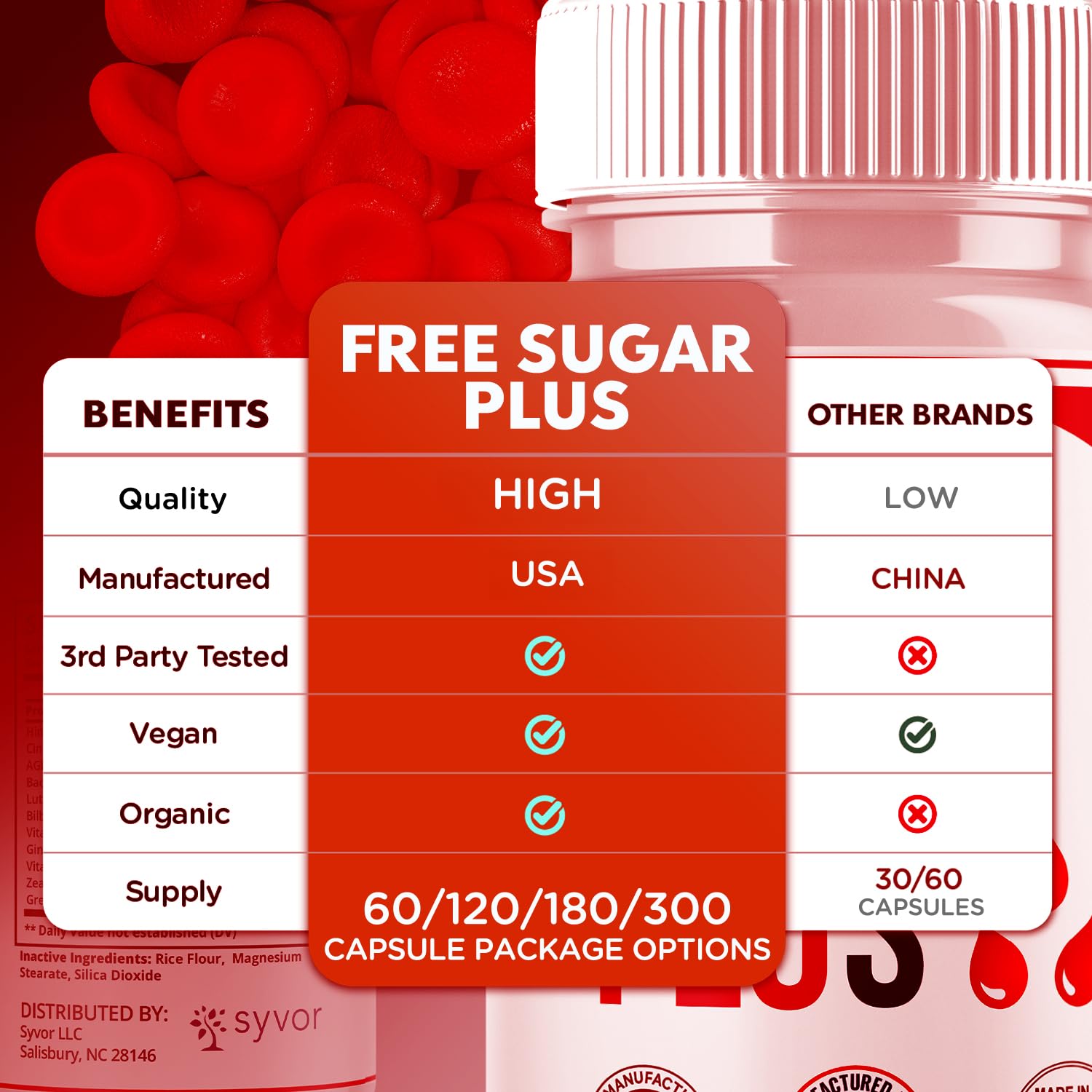 Free Sugar Plus Capsules, Official FreeSugar Plus Blood Health Support Pills With All Natural Ingredients, Free Sugar Plus Advanced Wellness Support with Premium Vitamins for Women & Men (60 Capsules) Syvor uk supplements