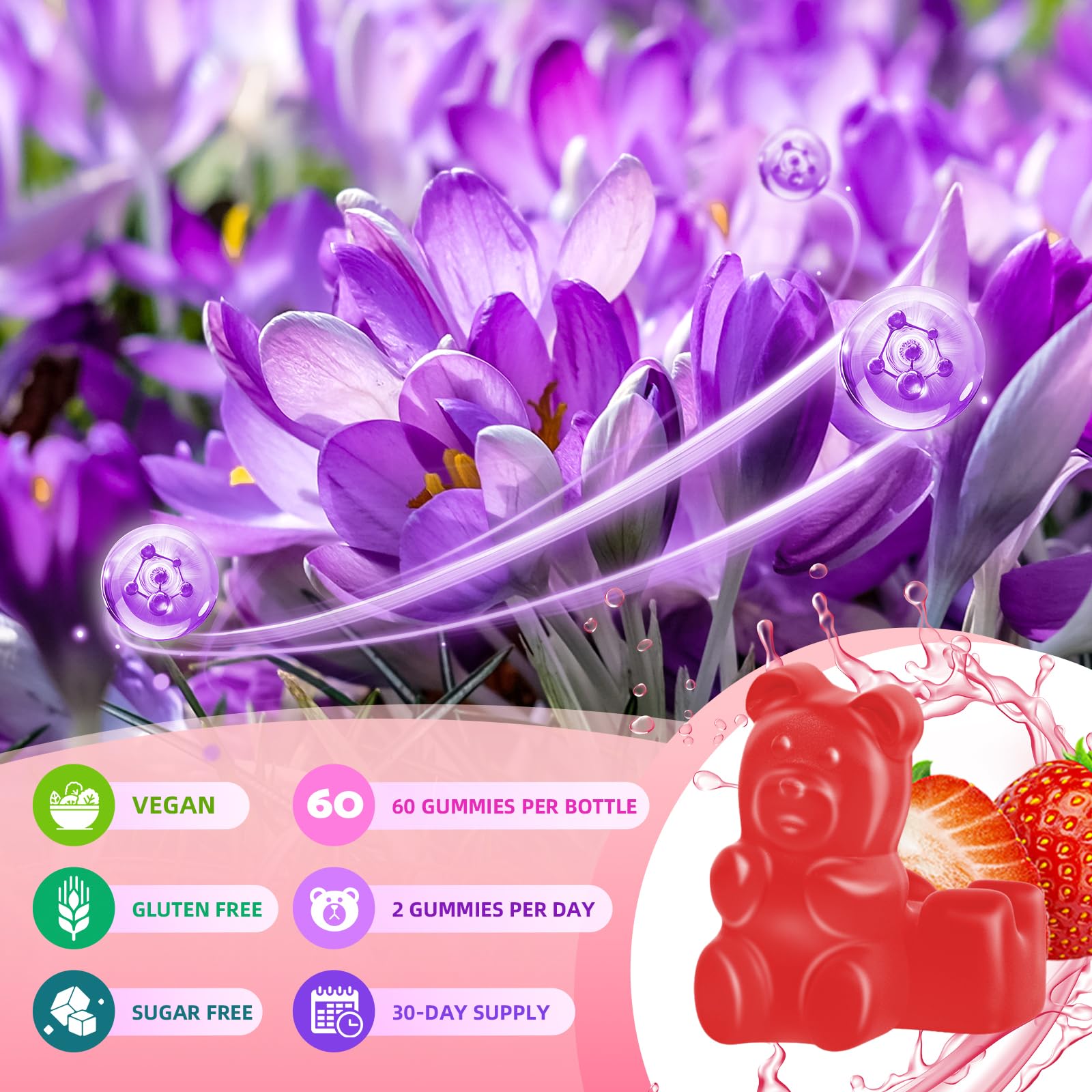 Saffron Gummies for Adult Kids, 10-IN-1 Formula with Saffron 88.5mg, Vitamins D3 & B6, Magnesium, Zinc, Ashwagandha, L-Theanine, St. John's Wort - Supports Mood & Focus, Strawberry Flavor, 60 Count BVIVLOO uk supplements