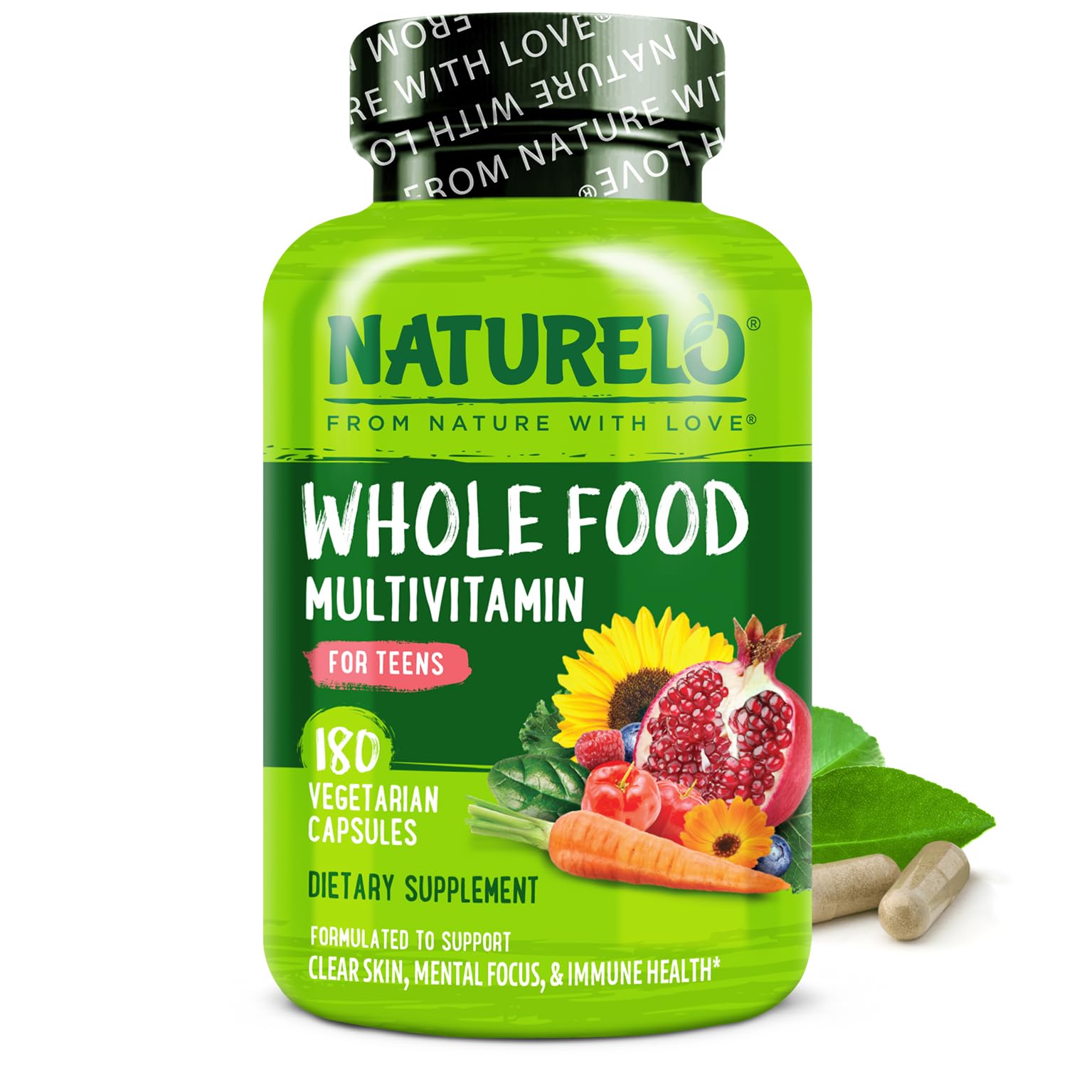 NATURELO Multivitamins for Teenage Girls/Boys, 180 Capsules, Whole Food Multivitamin with Minerals, Non-GMO, Vegetarian