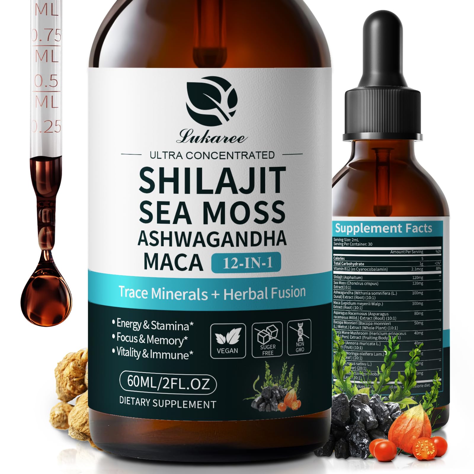Shilajit Liquid Drops, 12-in-1 Complex - Sea Moss, Ashwagandha, Maca, Fulvic Acid, Trace Minerals, Liquid Vitamins Supplement for Men and Women, Energy, Antioxidant, Immune Support, 60ML/2 FL Oz Lukaree uk supplements