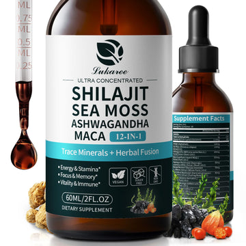 Shilajit Liquid Drops, 12-in-1 Complex - Sea Moss, Ashwagandha, Maca, Fulvic Acid, Trace Minerals, Liquid Vitamins Supplement for Men and Women, Energy, Antioxidant, Immune Support, 60ML/2 FL Oz Lukaree uk supplements