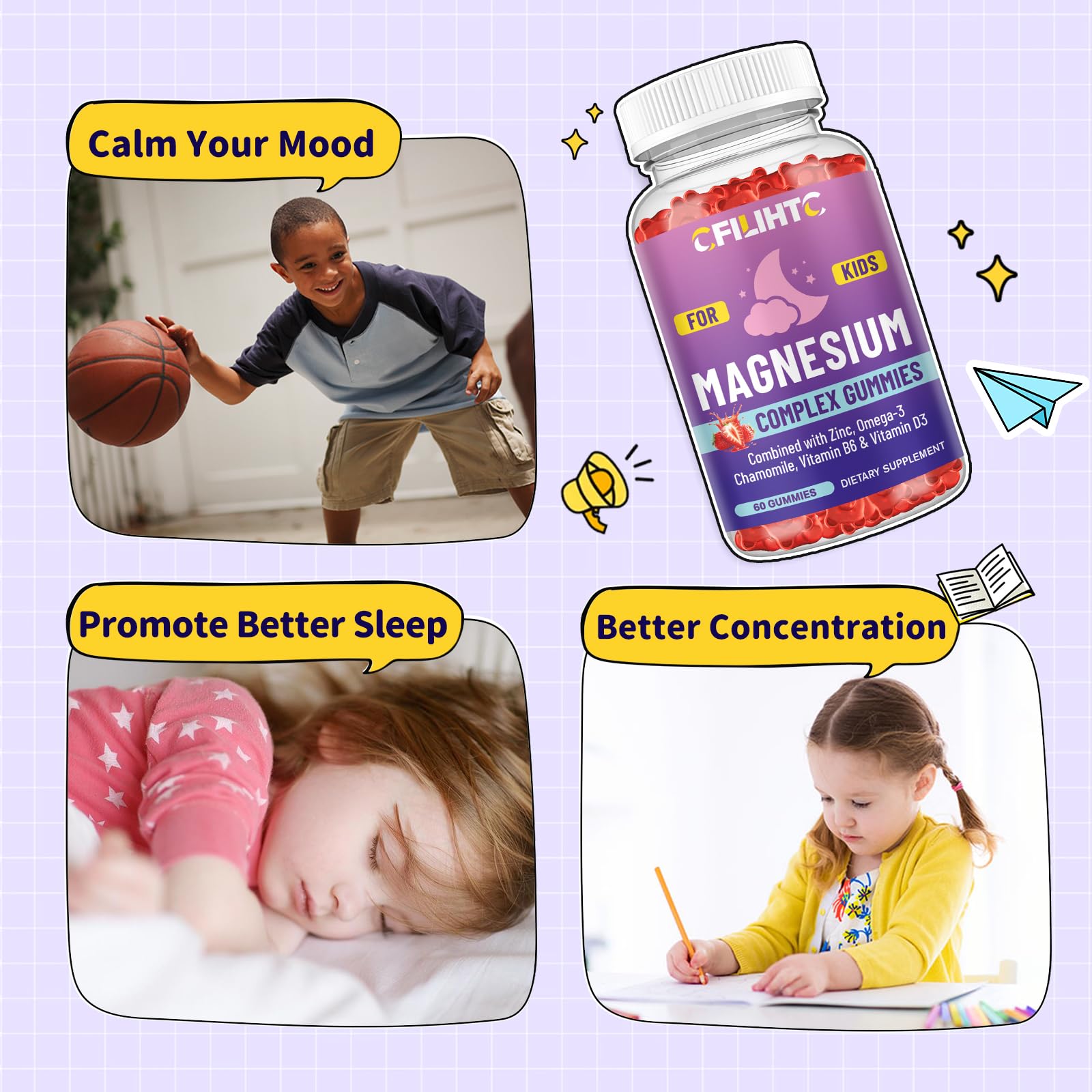 Kids Magnesium Gummies-Magnesium Glycinate Gummies for Kids Supplement-w/Zinc, Chamomile, Omega-3, Vitamin B6, D3 - for Sleep, Relaxation, Brain, Bones, Children's Calm, Sugar Free Strawberry 60ct CFILIHTC uk supplements