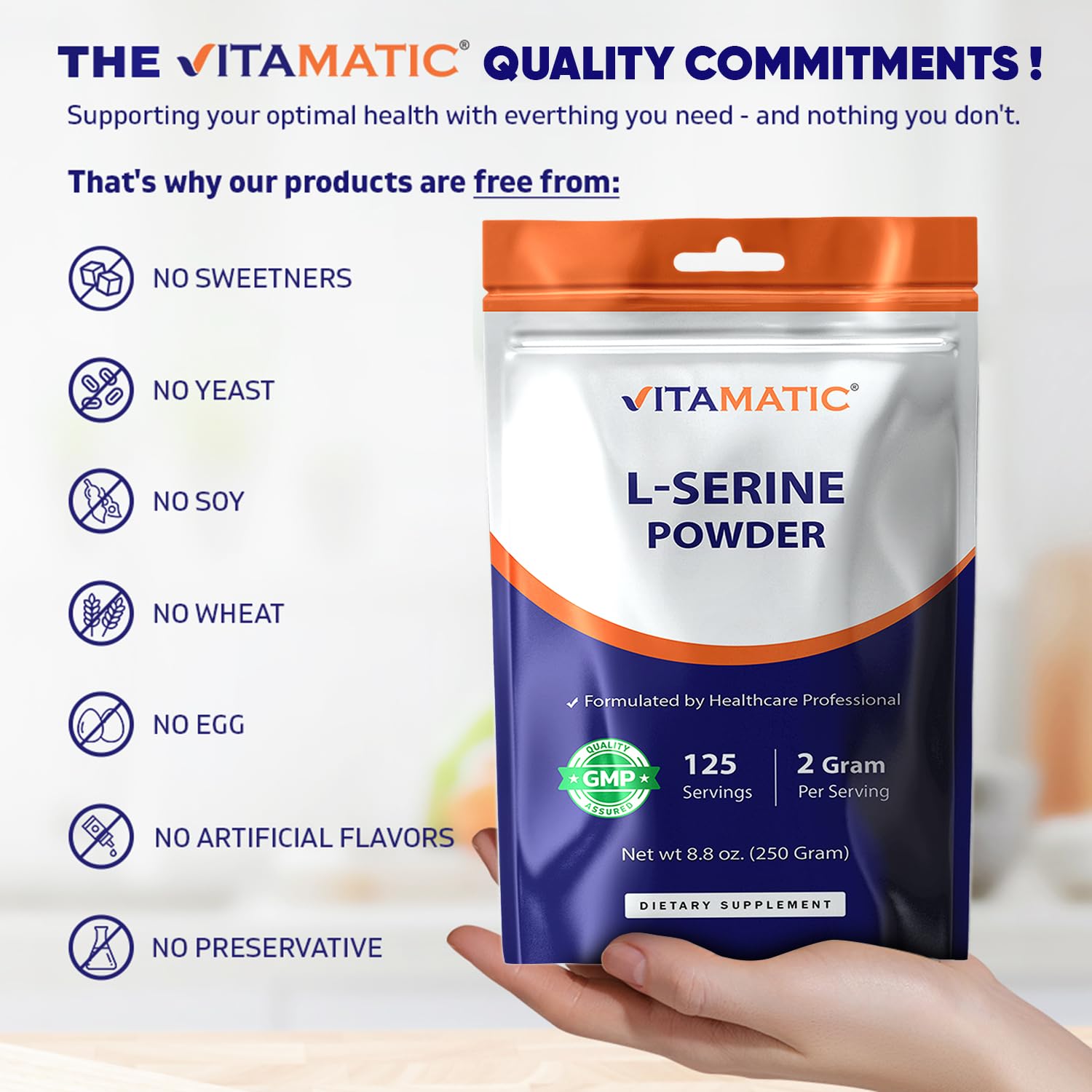 Vitamatic L-Serine Pure Powder 250 Gram | 2000 mg per Serving | 125 Servings | Unflavored | No Additives | Free of Soy, Eggs, Fish & Artificial Ingredients Vitamatic uk supplements