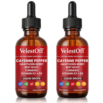 Velestoff Cayenne Pepper Drops, Cayenne Circulation Blend with Hawthorn Beet Root Turmeric Vitamin K2 D3 - Vegan, Non-GMO - 2FL.OZ (2 PCS) Velestoff uk supplements