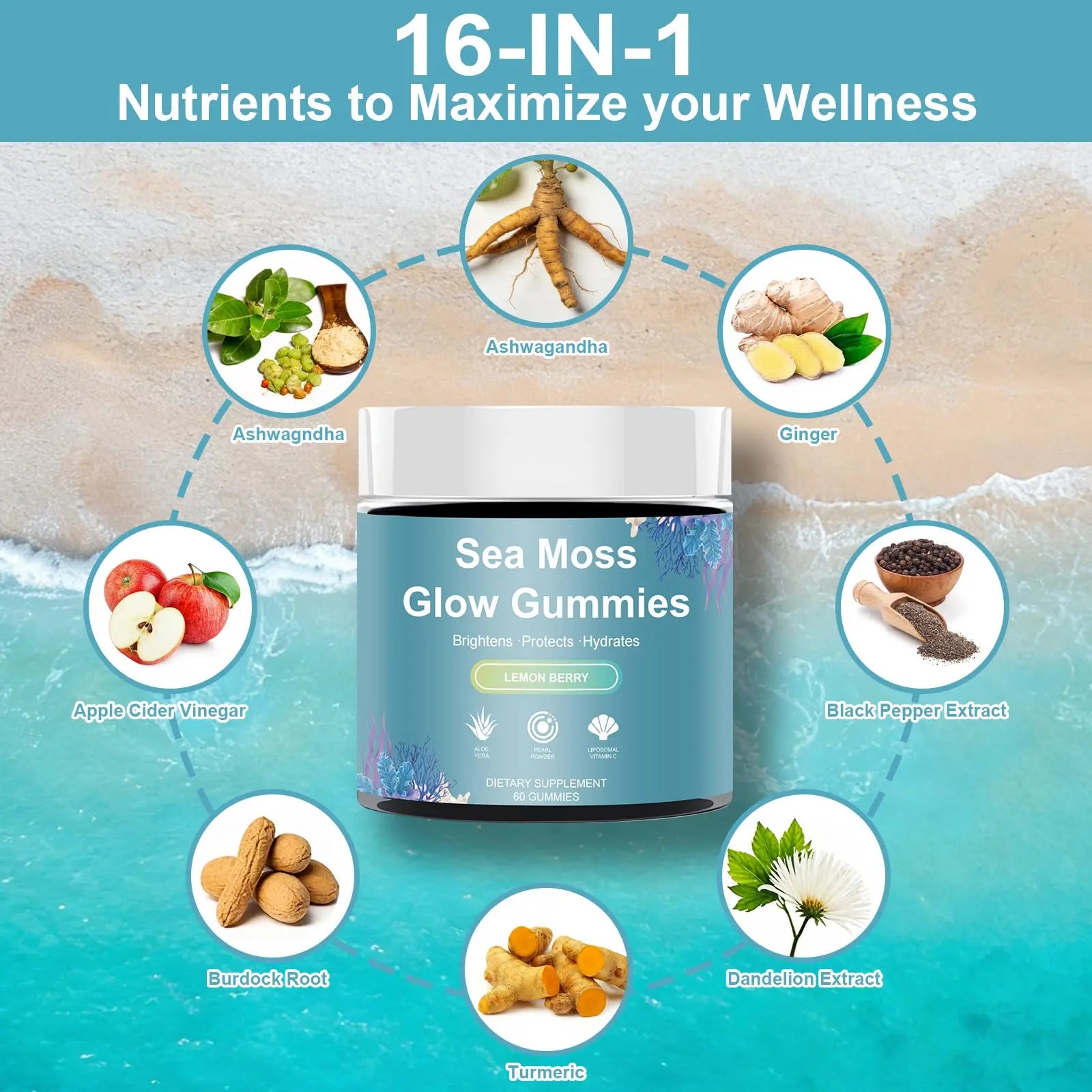 HICFRWE Sea Moss Glow Gummies - Hair Gummies with Vitamin C, Vitamin E, Aloe Vera, Pearl Powder Supports Faster Hair Growth HICFRWE uk supplements