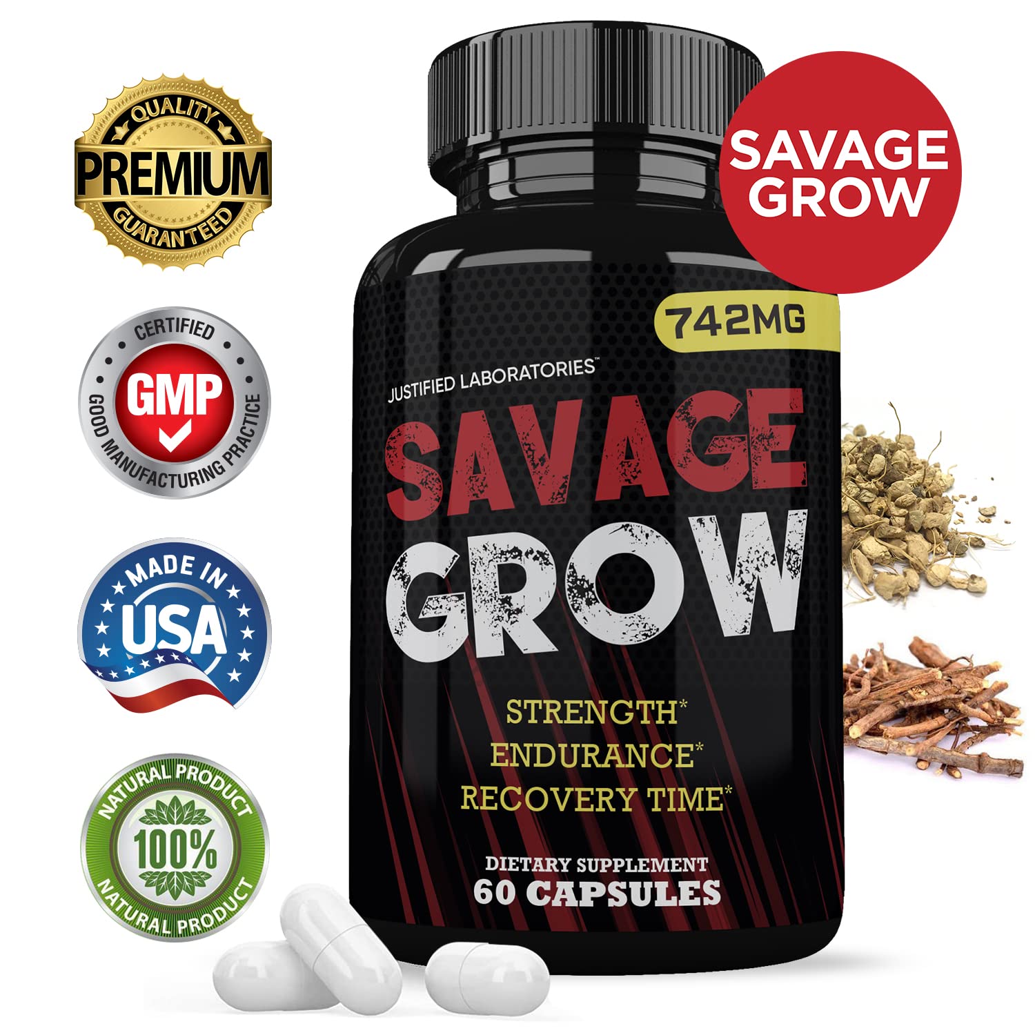 Savage Grow 742MG All Natural Advanced Men's Health Formula 60 Capsules Justified Laboratories uk supplements
