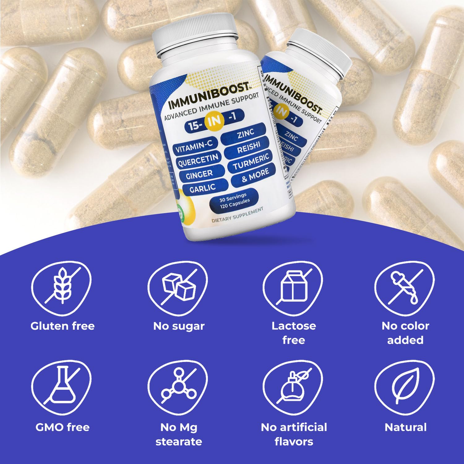15 in 1 Immune Support Supplement 120 Capsules with Powerful Blend of Turmeric, Ginger, Vitamin C and Zinc Immune Booster for Adults ImmuniBoost uk supplements