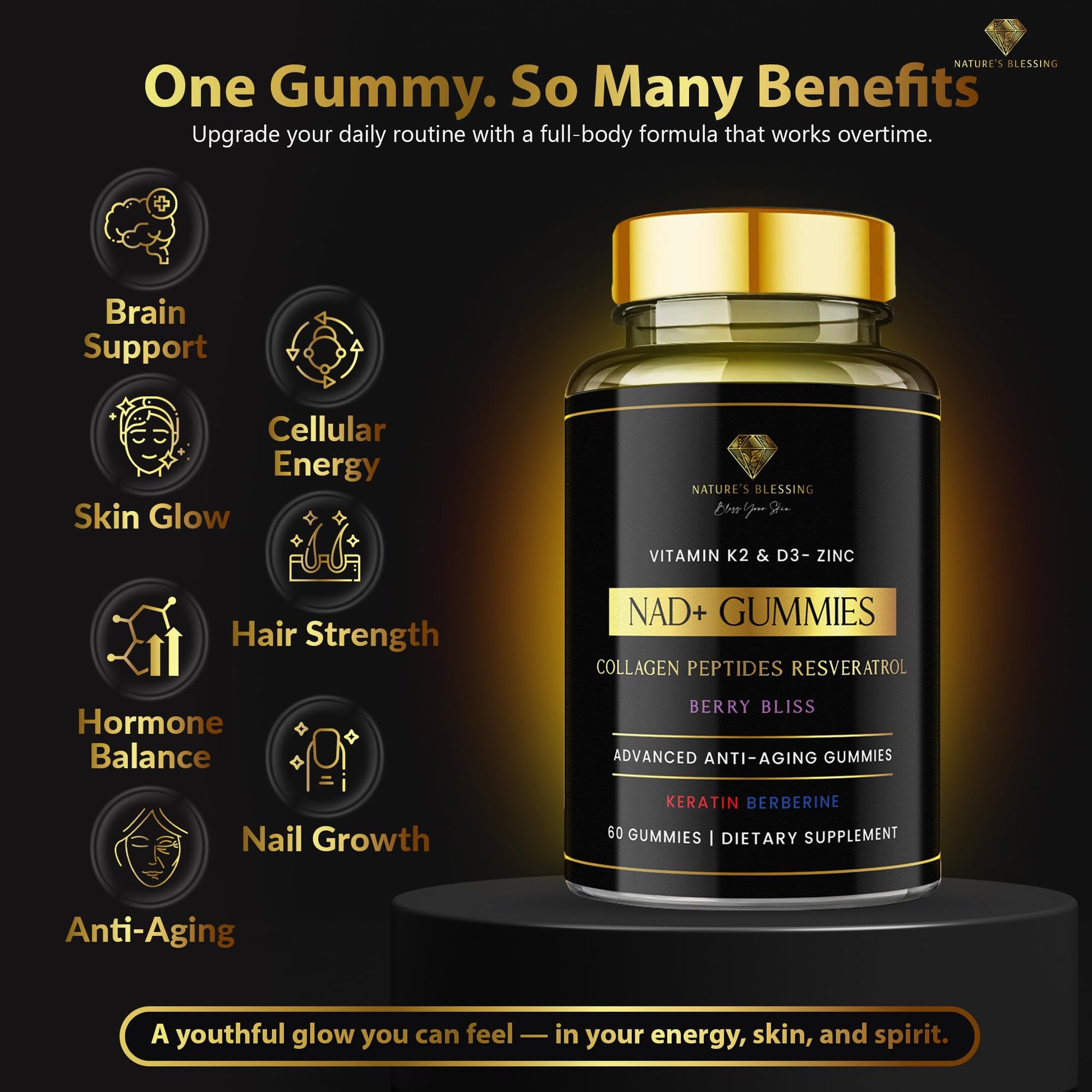 Nature's Blessing NAD+ Anti-Aging Gummies – Boost Cellular Repair, Brain Clarity & Radiant Skin – with Biotin, Collagen, Resveratrol, Vitamin D3, K2, Zinc & Keratin – Delicious Berry Bliss Nature's Blessing uk supplements