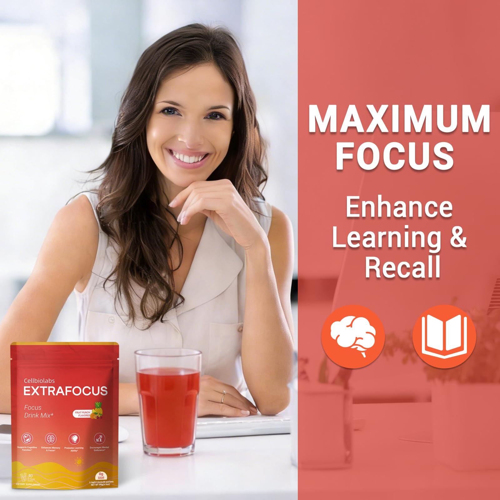 Nootropic Extra Focus Drink Mix, 30 Packs On-The-Go Sticks, Featuring Alpha-GPC, Lion's Mane & Rhodiola, Sugar-Free Packets Fruit Punch Clean Drink Mix Cellbiolabs uk supplements
