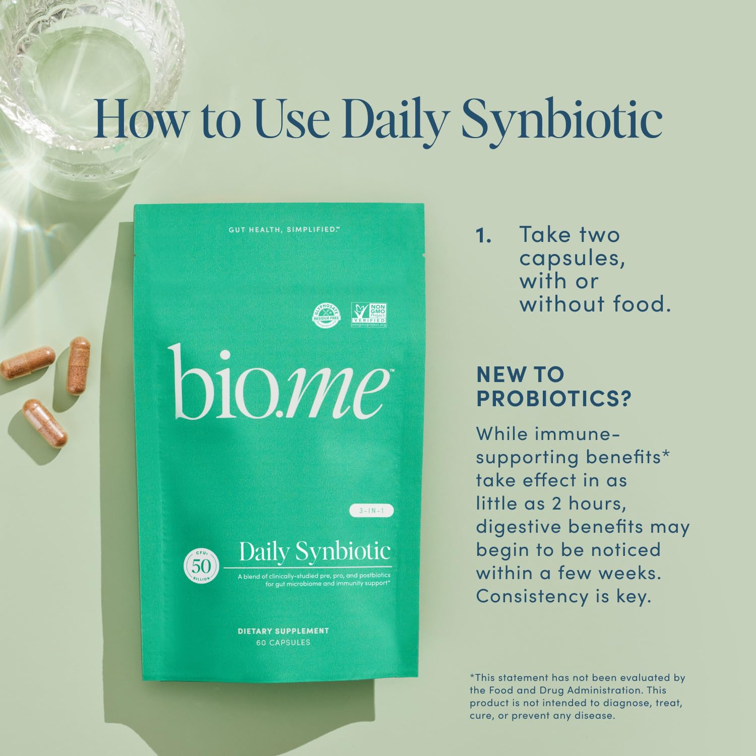Synbiotic 3-in-1 Prebiotics, Probiotics & Postbiotics for Digestive Health, Gut Health, Immune Support & Bloating Relief for Men & Women - 50 Billion CFU Per Serving - Vegan, 60 Capsules (30 Servings) Bio.me uk supplements