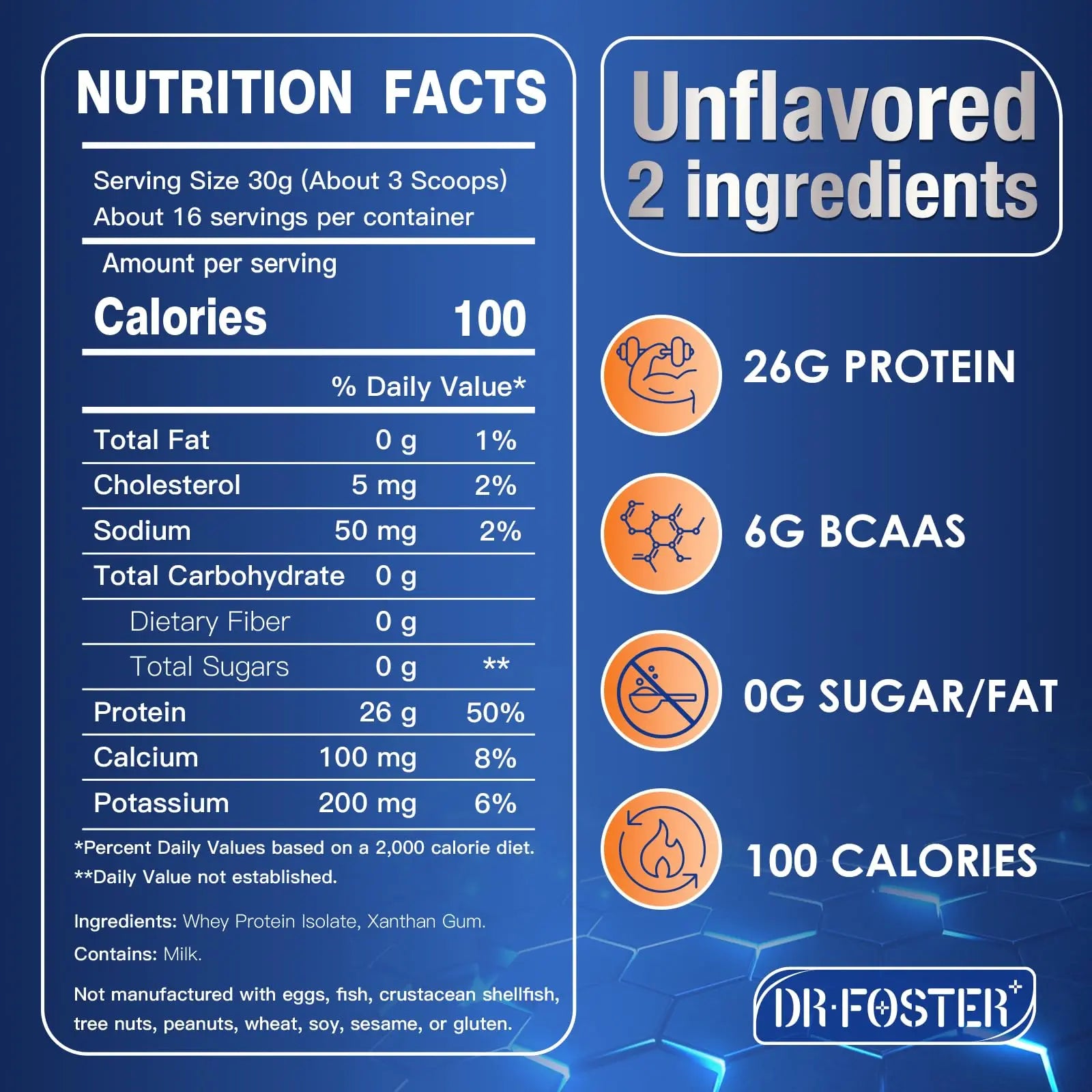 DRFOSTER Whey Protein Powder Isolate - Unflavored, Grass-Fed, 26g Protein & 6g BCAAs for Muscle Growth & Recovery DRFOSTER uk supplements