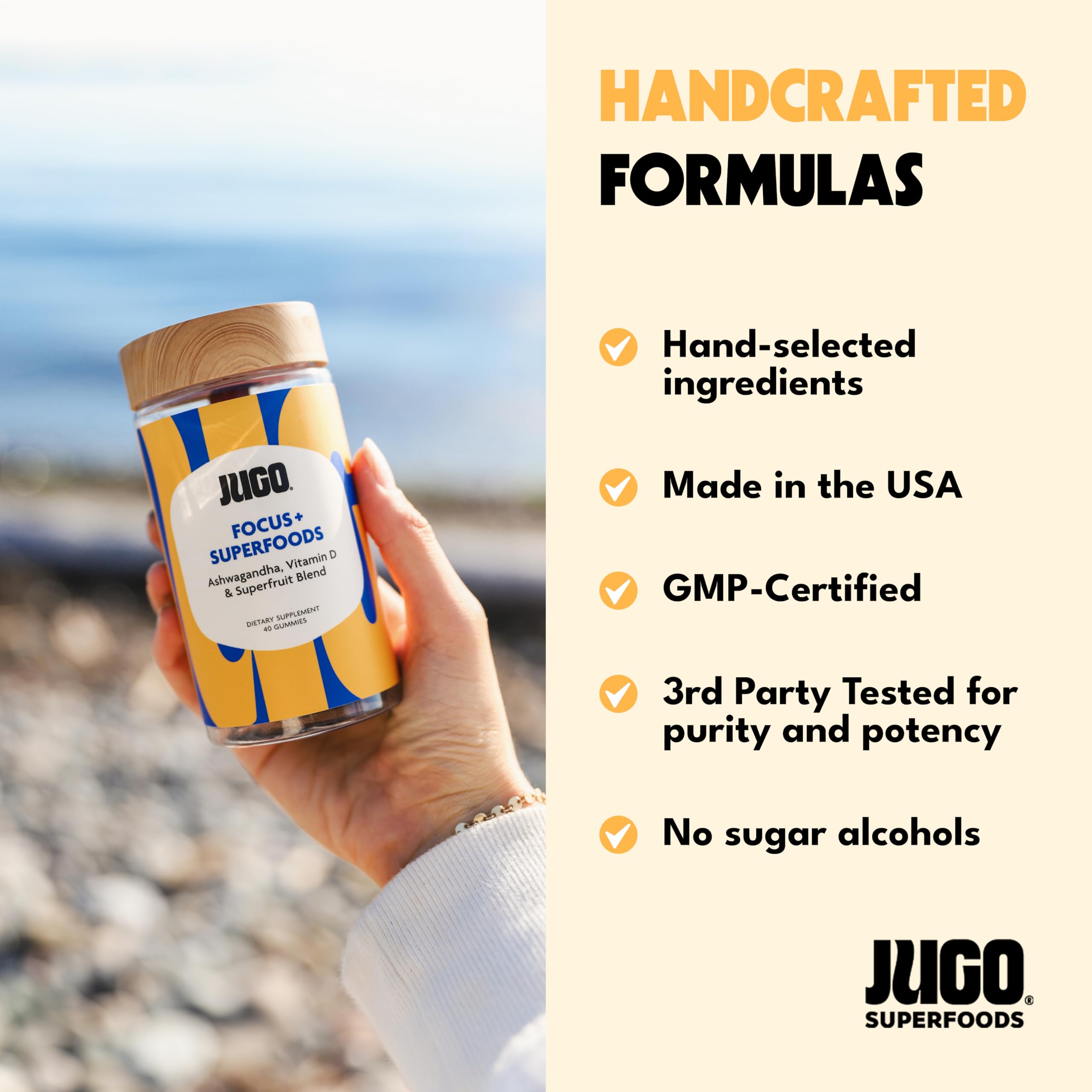 JUGO Focus + SUPERFOODS Ashwagandha Gummies with Vitamin D3 & Superfruit Blend, Vegetarian-Friendly Focus Supplement with Adaptogens, Gelatin-Free and Gluten-Free, Non-GMO, Made in USA, 40 Coun JUGO LLC uk supplements