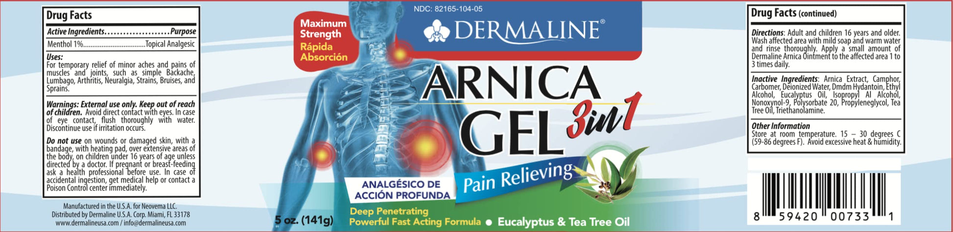 DERMALINE Arnica 3 in 1 Gel, Eucalyptus, Tea Tree Oil, Vitamin E - Fast Acting and Absorbing, Pain Relief DERMALINE uk supplements