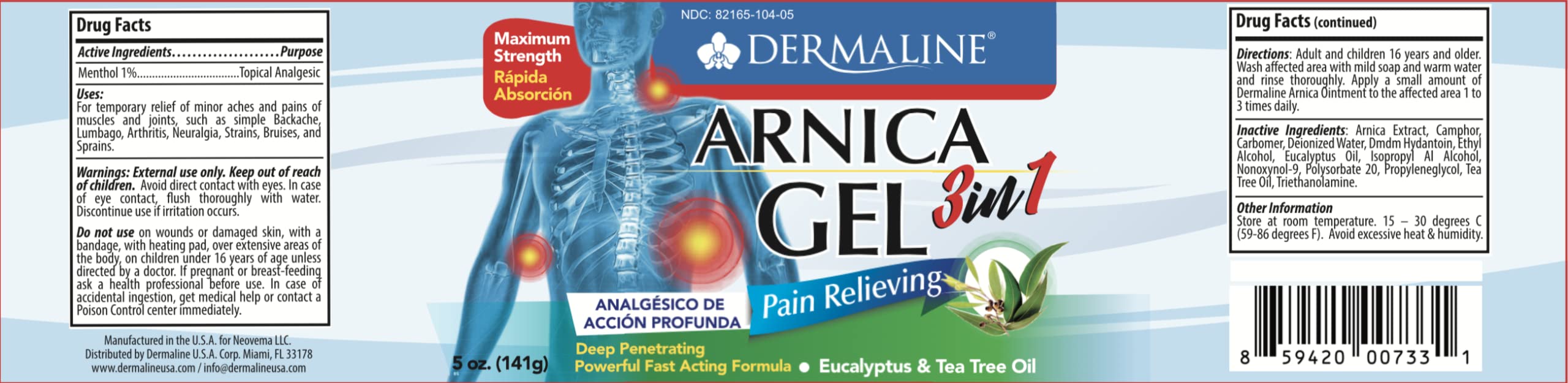 DERMALINE Arnica 3 in 1 Gel, Eucalyptus, Tea Tree Oil, Vitamin E - Fast Acting and Absorbing, Pain Relief DERMALINE uk supplements