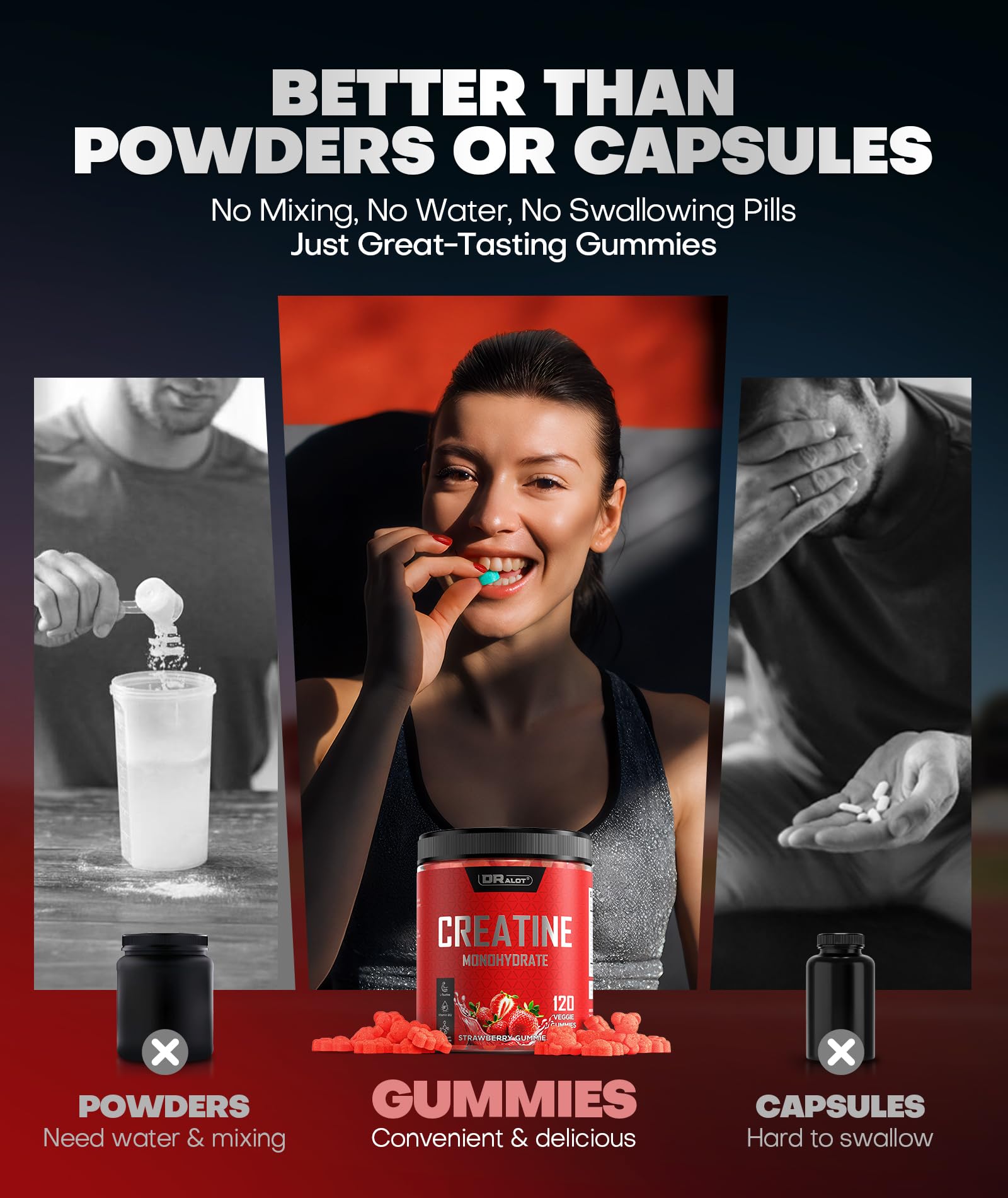 Dralot 99.99% Creatine Monohydrate Gummies More 15% Strength, 5X Energy & Muscle Support Pre-Workout Complex Creatine for Women & Men with 5000mg Creatine, L-Taurine, B12, Mg & K, 0 Sugar, Vegan Dralot uk supplements