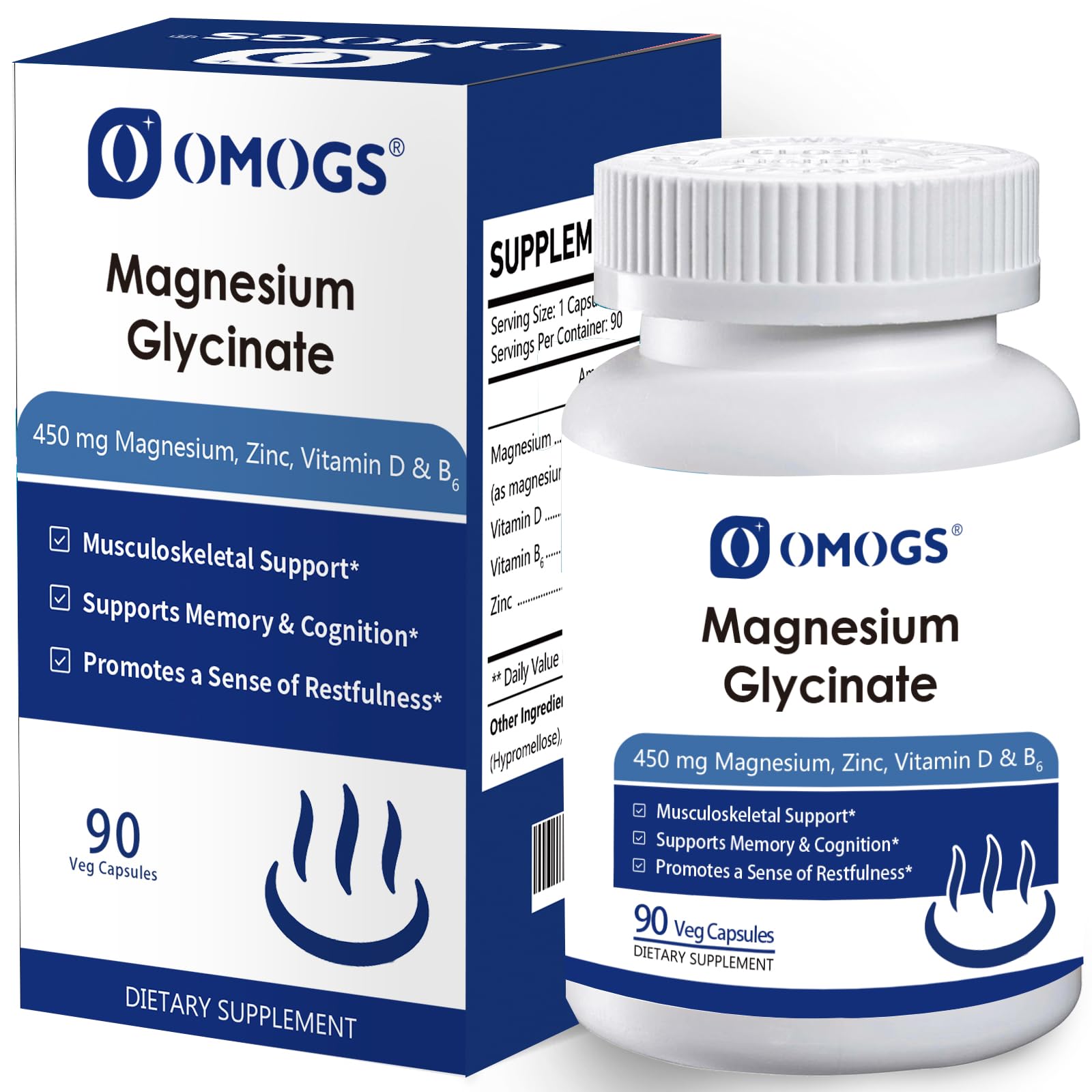 OMOGS High Absorption Magnesium Glycinate, for Supporting Sleep, Muscle Relaxation, Heart Health & Bone Health, Gluten Free, Non-GMO, 90 Vegetarian Capsules OMOGS uk supplements