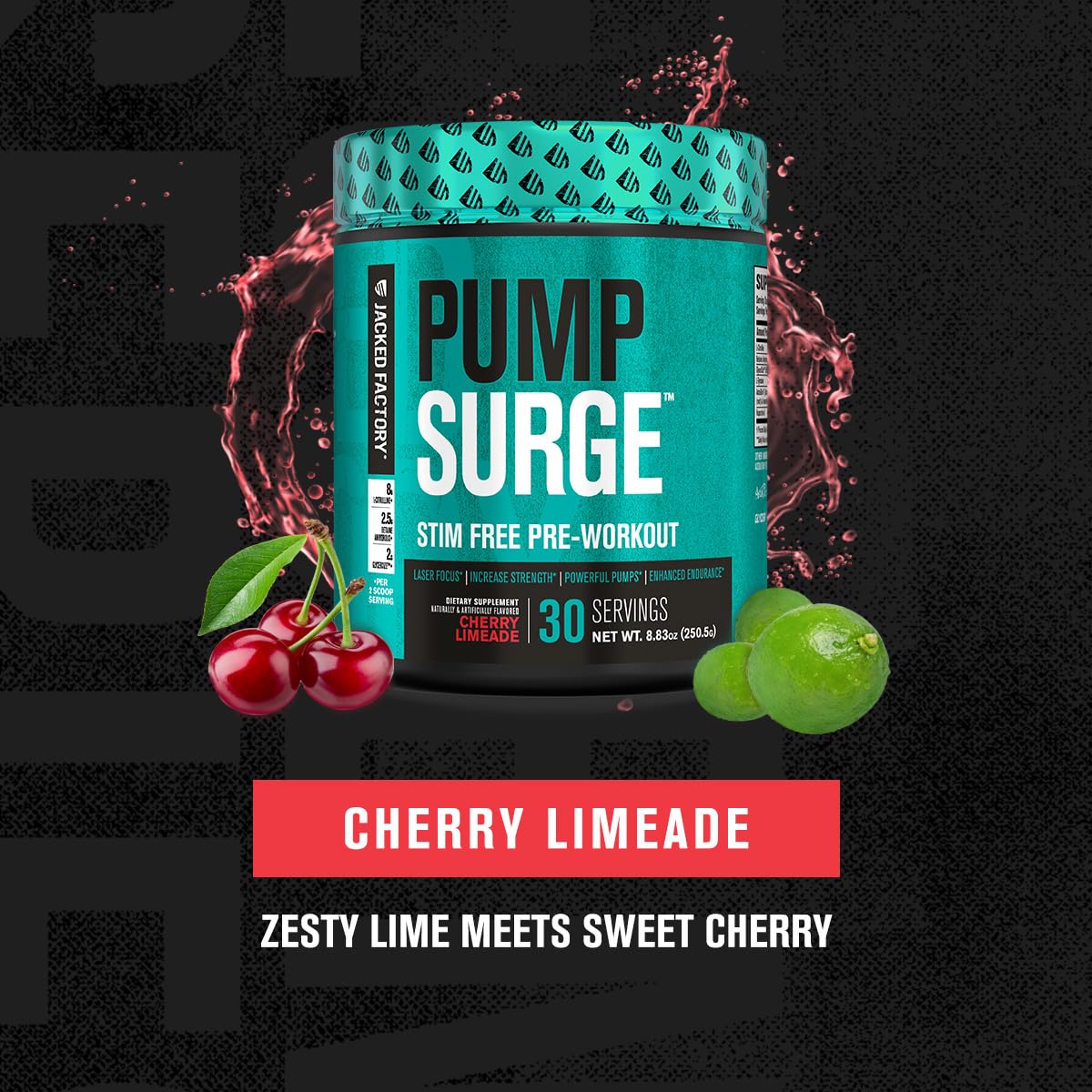 Jacked Factory Pumpsurge Caffeine Free Pre Workout for Men & Women - Booster & Stim Free Pre Workout - Intense Pumps, Enhanced Focus - 30 Servings, Cherry Limeade 8.83oz Jacked Factory uk supplements