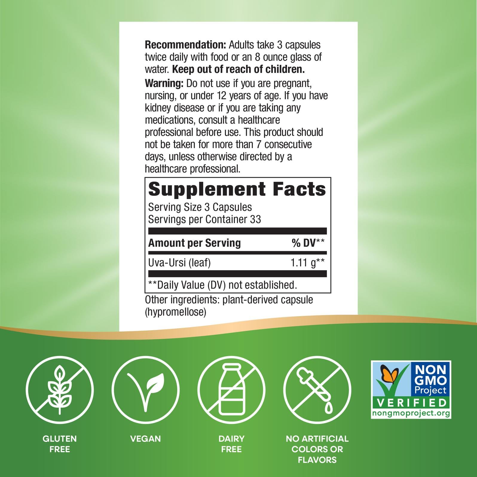 Nature's Way Uva Ursi Leaves, Traditional Urinary Support*, 1,110 mg per 3-Capsule Serving, Non-GMO Project Verified, Herbal Dietary Supplement, Gluten Free, 100 Vegan Capsules (Packaging May Vary) Nature's Way uk supplements