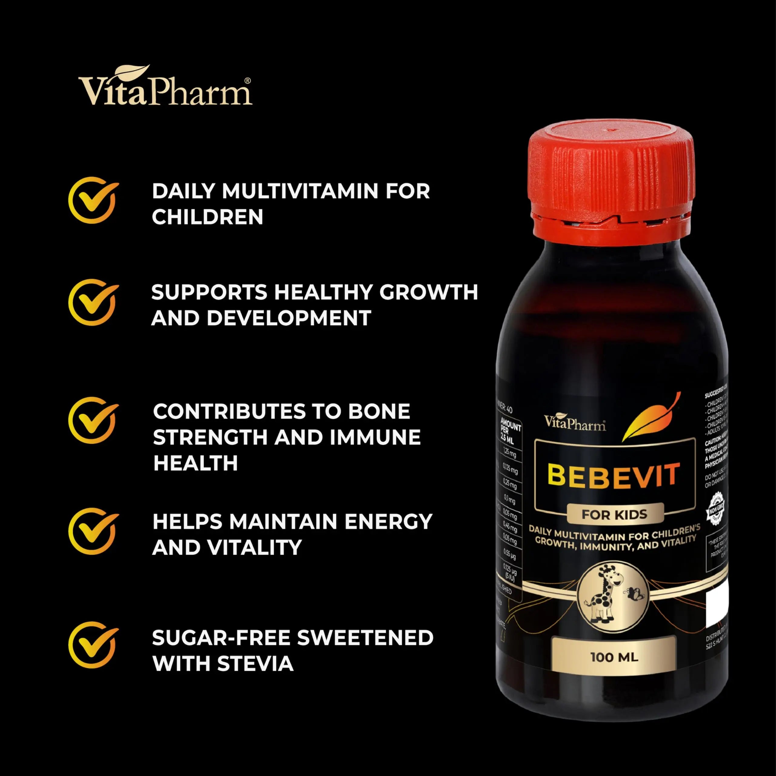 BEBEVIT Liquid Multivitamin for Kids – Sugar-Free & Non-GMO Formula with Vitamins A, C, D3, E, K2 & B-Complex – Daily Support for Growth, Immunity VitaPharm uk supplements