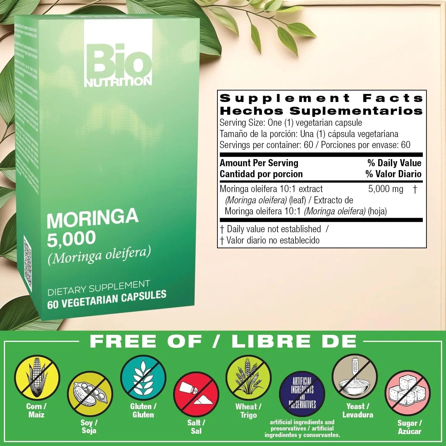 Bio Nutrition Moringa 5000mg 60 Vegetarian Capsules | Complete Green Superfood | Nature's Multivitamin | Energy and Gut Health Bio Nutrition uk supplements