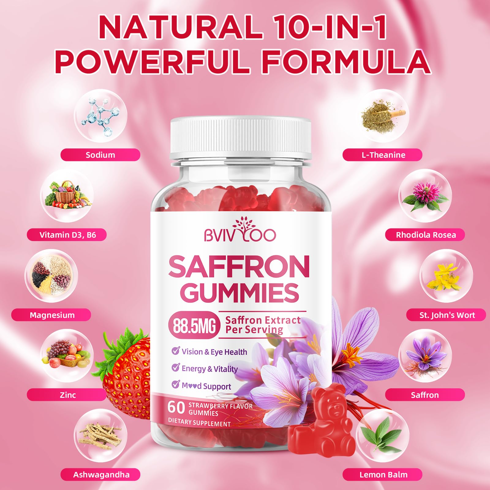Saffron Gummies for Adult Kids, 10-IN-1 Formula with Saffron 88.5mg, Vitamins D3 & B6, Magnesium, Zinc, Ashwagandha, L-Theanine, St. John's Wort - Supports Mood & Focus, Strawberry Flavor, 60 Count BVIVLOO uk supplements