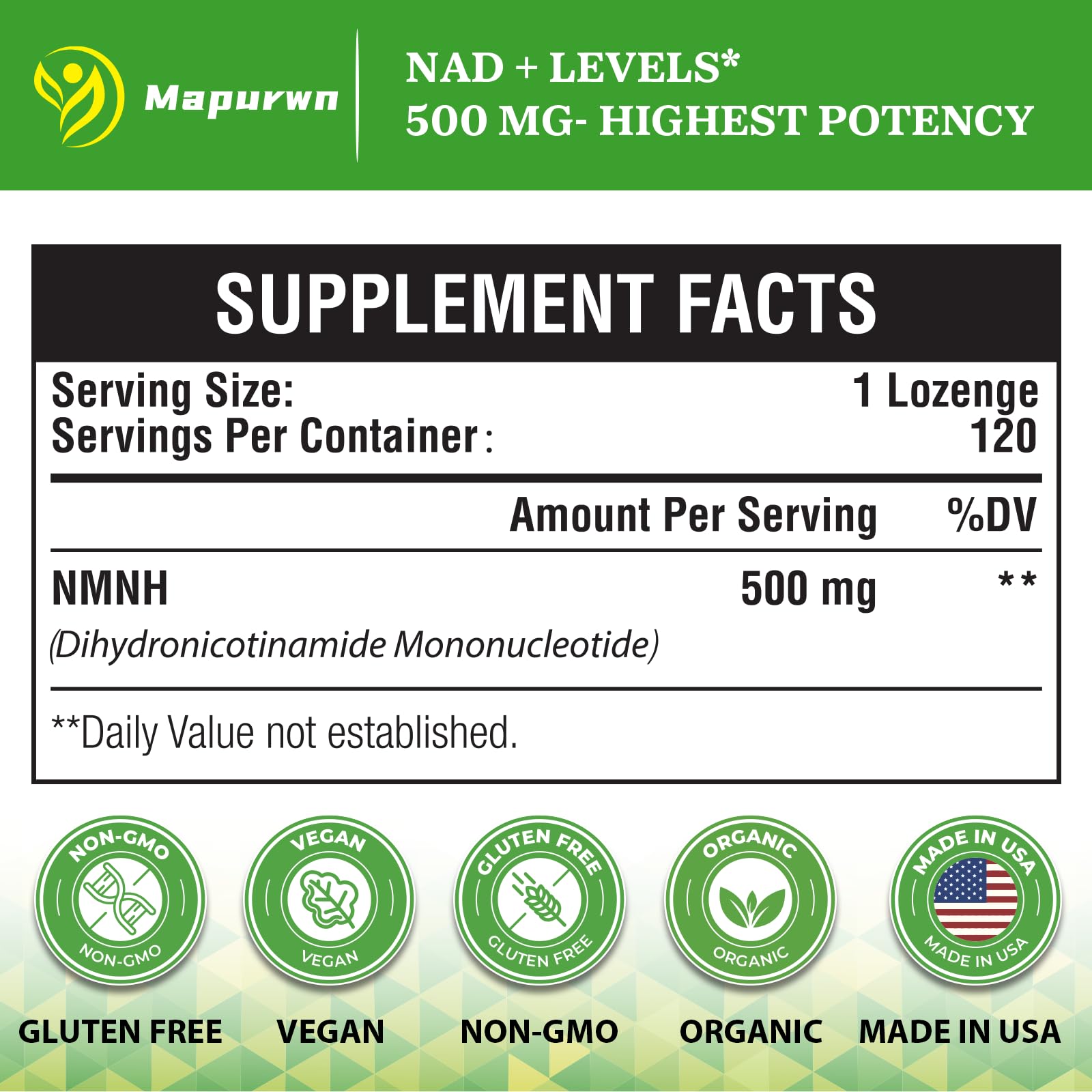 Mapurwn NMNH (Dihydronicotinamide Mononucleotide), NMN Supplement, 500mg per Serving NAD Supplement to Boost NAD+ Levels As We Age for Women & Men, Anti-Aging, Energy, Focus, 120 Count Mapurwn uk supplements