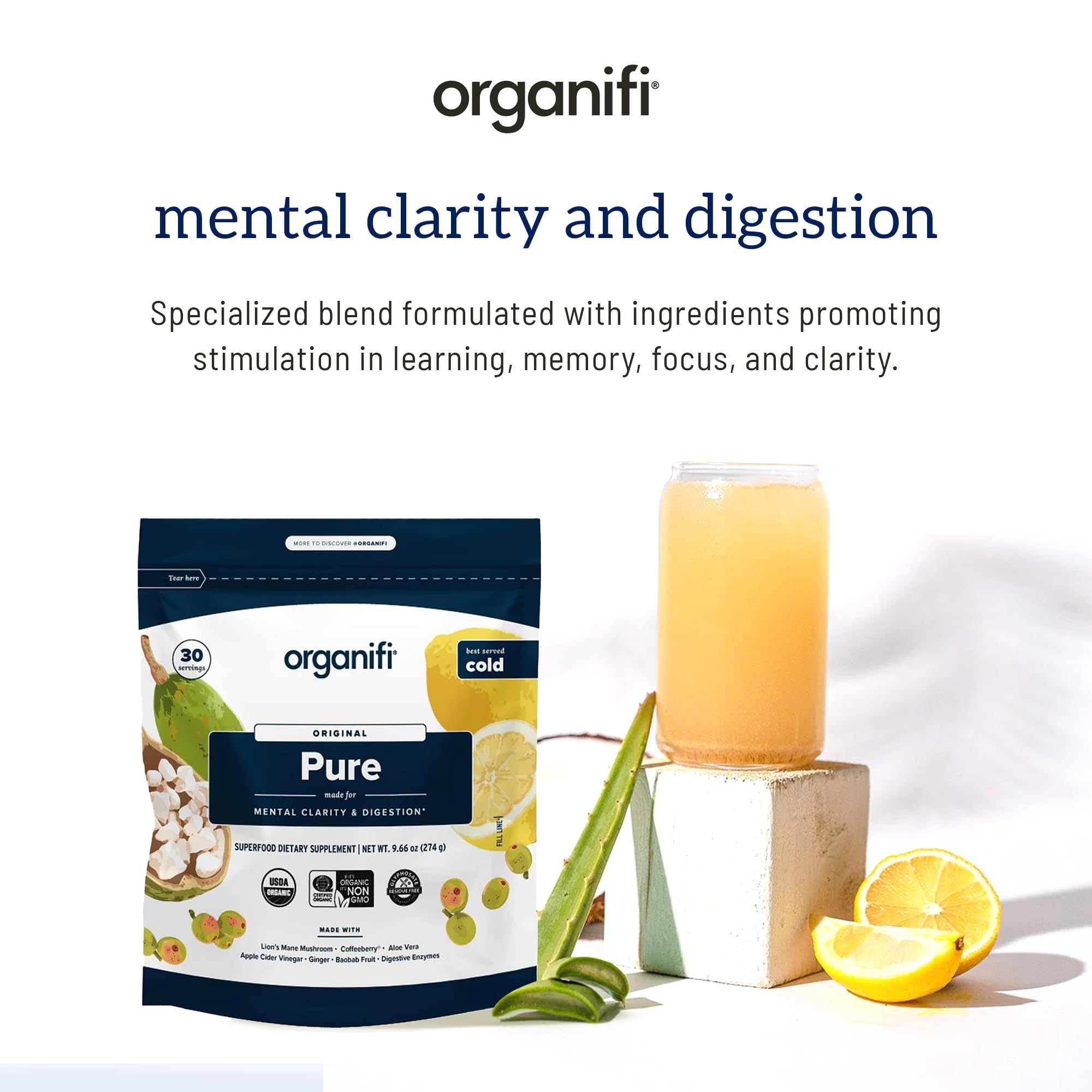 Organifi Pure - Promotes Stimulation in Learning, Memory, Focus, and Clarity - Brain Support with Superfoods - Gluten-Free and Non GMO - Best Served Cold, 30 Servings Organifi uk supplements