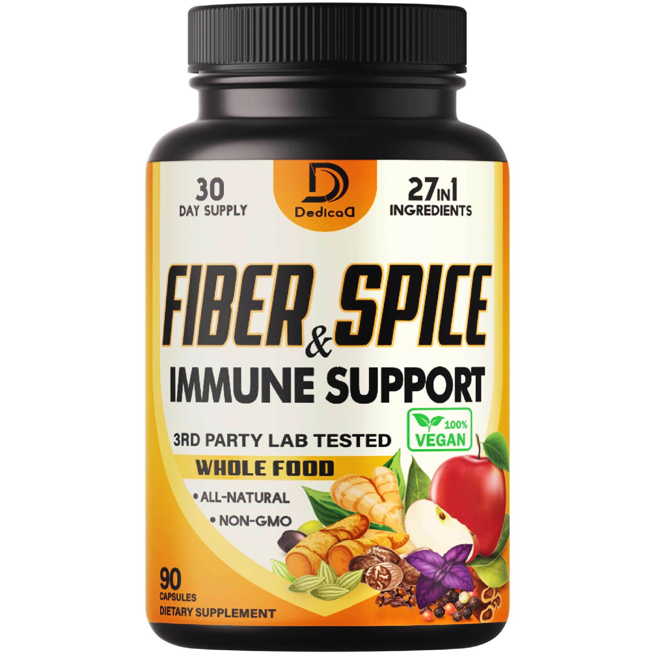 DEDICAD 27in1 Fiber and Spice Supplement - Combined with Organic Psyllium, Whole Apple, Elderberry & More - Support Mood, Body & Immunity - 90 Capsules for 1 Month DEDICAD uk supplements