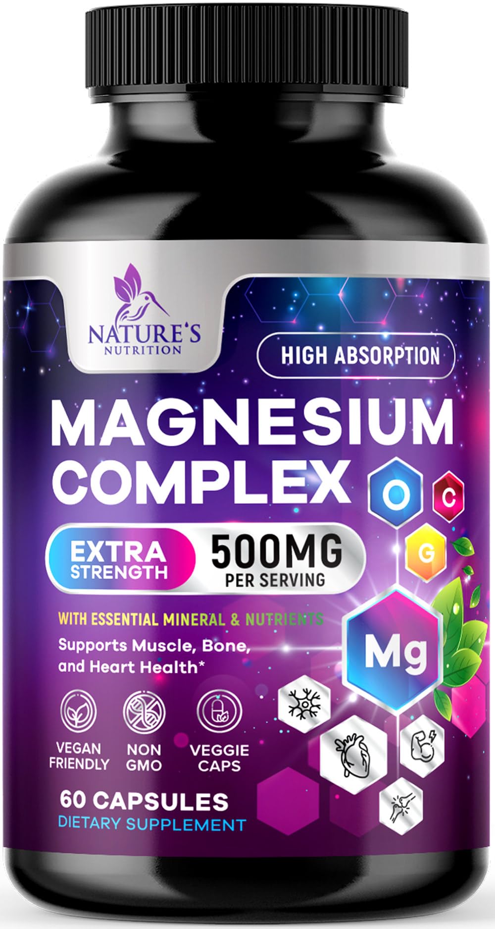Magnesium Complex Supplement - Magnesium 500 mg Per Serving - 4 in 1 High Absorption Blend - 100% Chelated Magnesium Glycinate with Malate, Citrate & Oxide - Vegan Complex - USA Bottled - 60 Capsules Nature's Nutrition uk supplements