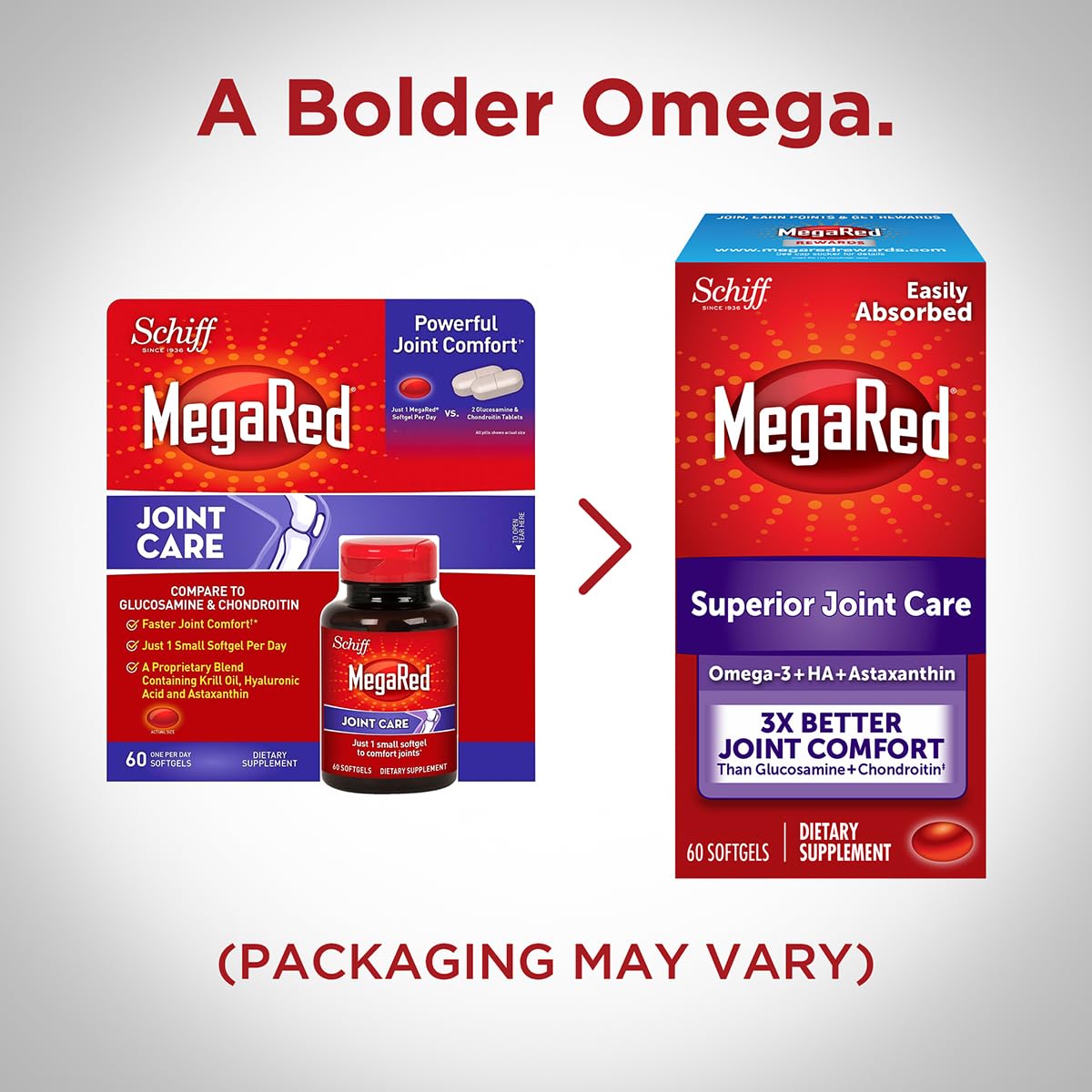 Omega-3 Krill Oil and Joint Supplement - Megared Joint Care 60 softgels - EPA/DHA fatty acids, Antioxidants, Hyaluronic acid, No fishy burp aftertaste as with Fish Oil MegaRed uk supplements