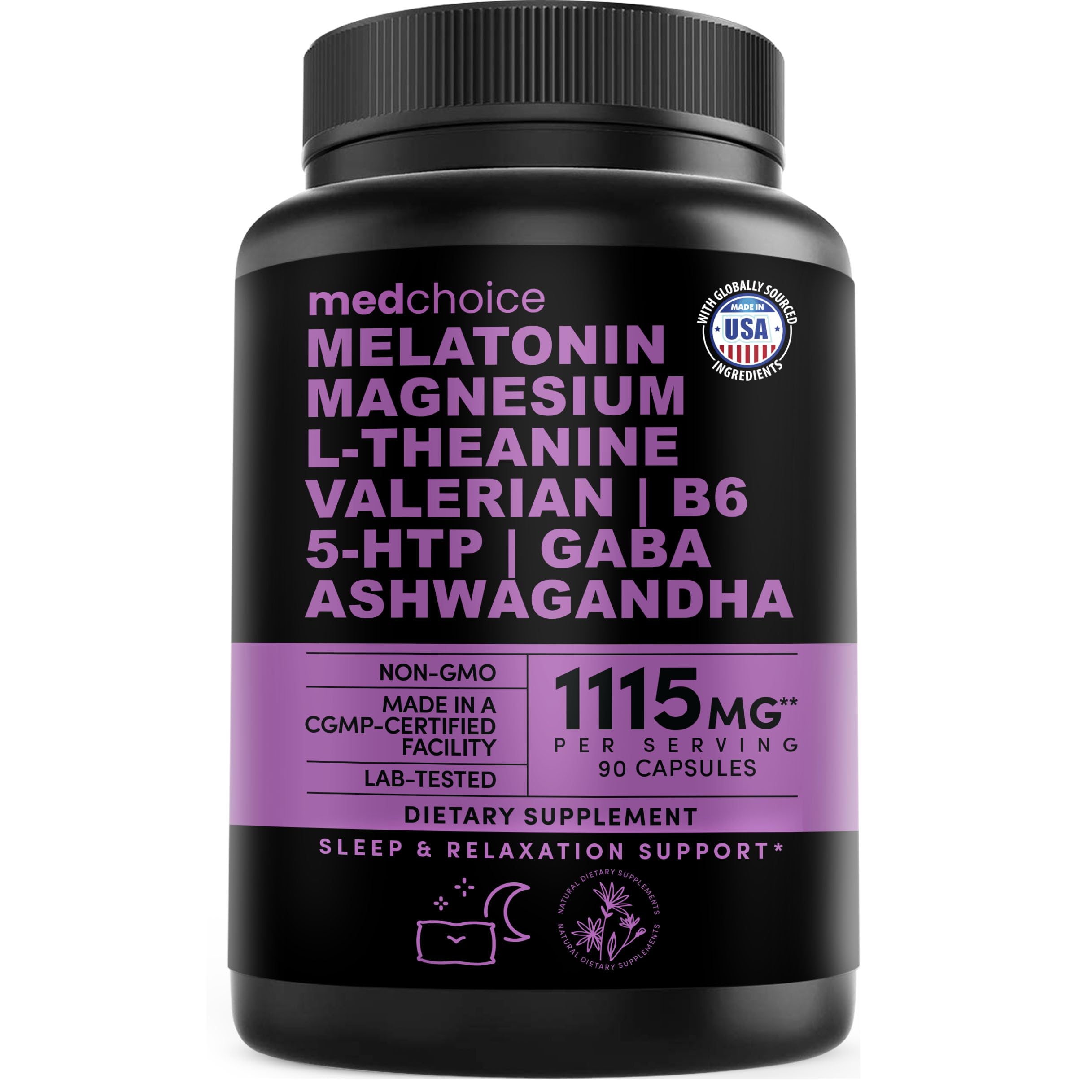12-in-1 Melatonin Sleep Capsules - Natural Sleep Aids for Adults with Melatonin 5mg and Magnesium Glycinate 500mg, Sleep Aid with Ashwagandha, L Theanine, Valerian Root, GABA, 5-HTP (90ct, Pack of 1) MEDCHOICE uk supplements