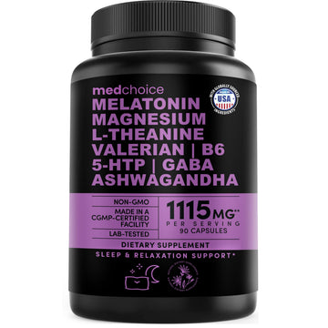 12-in-1 Melatonin Sleep Capsules - Natural Sleep Aids for Adults with Melatonin 5mg and Magnesium Glycinate 500mg, Sleep Aid with Ashwagandha, L Theanine, Valerian Root, GABA, 5-HTP (90ct, Pack of 1) MEDCHOICE uk supplements