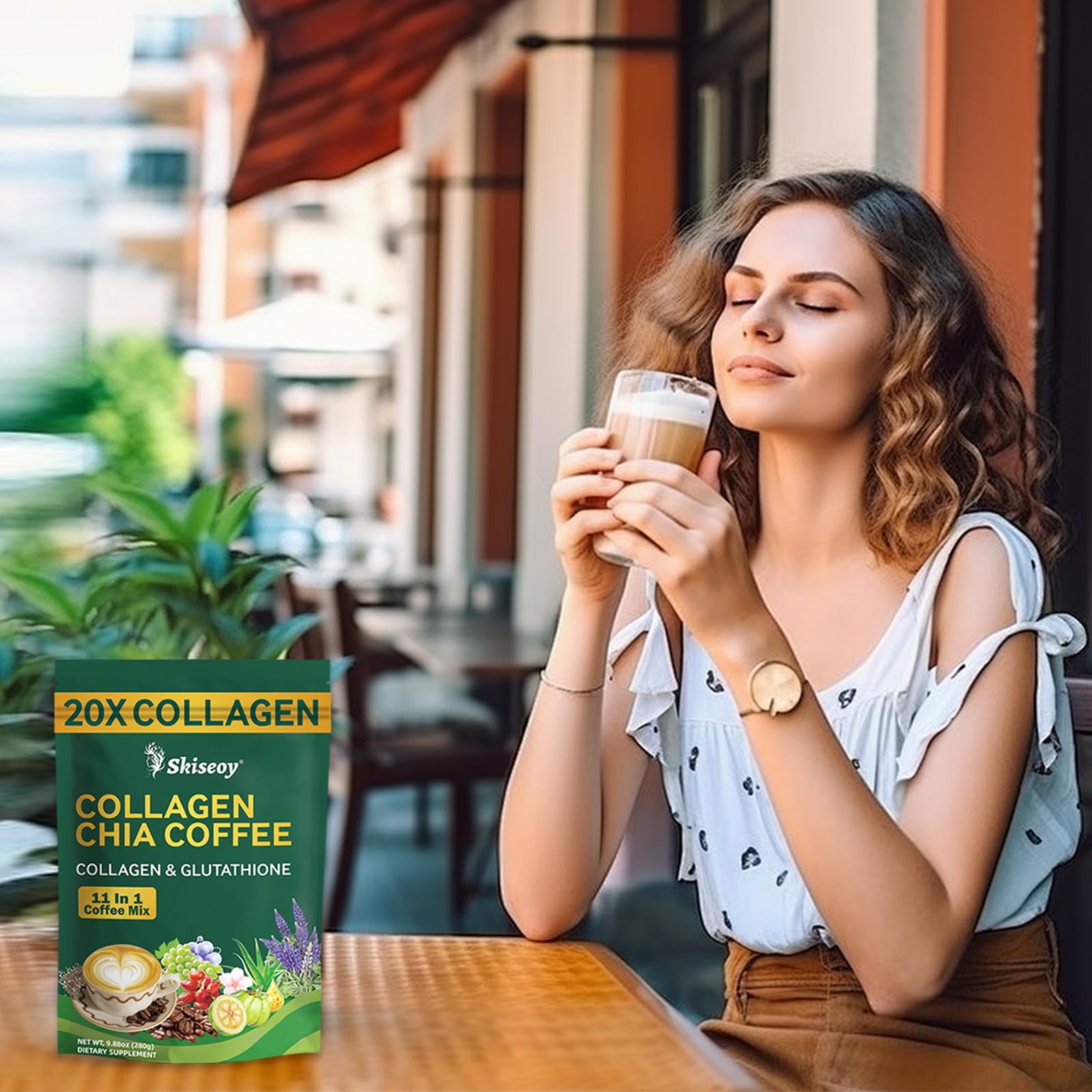 Skiseoy 20x Collagen Chia Coffee - 11-in-1 Coffee Shape Mix with L-Glutathione for Skin, Hair, Joints - Boost Energy and Focus, Vegan Friendly, 45 Servings Skiseoy uk supplements