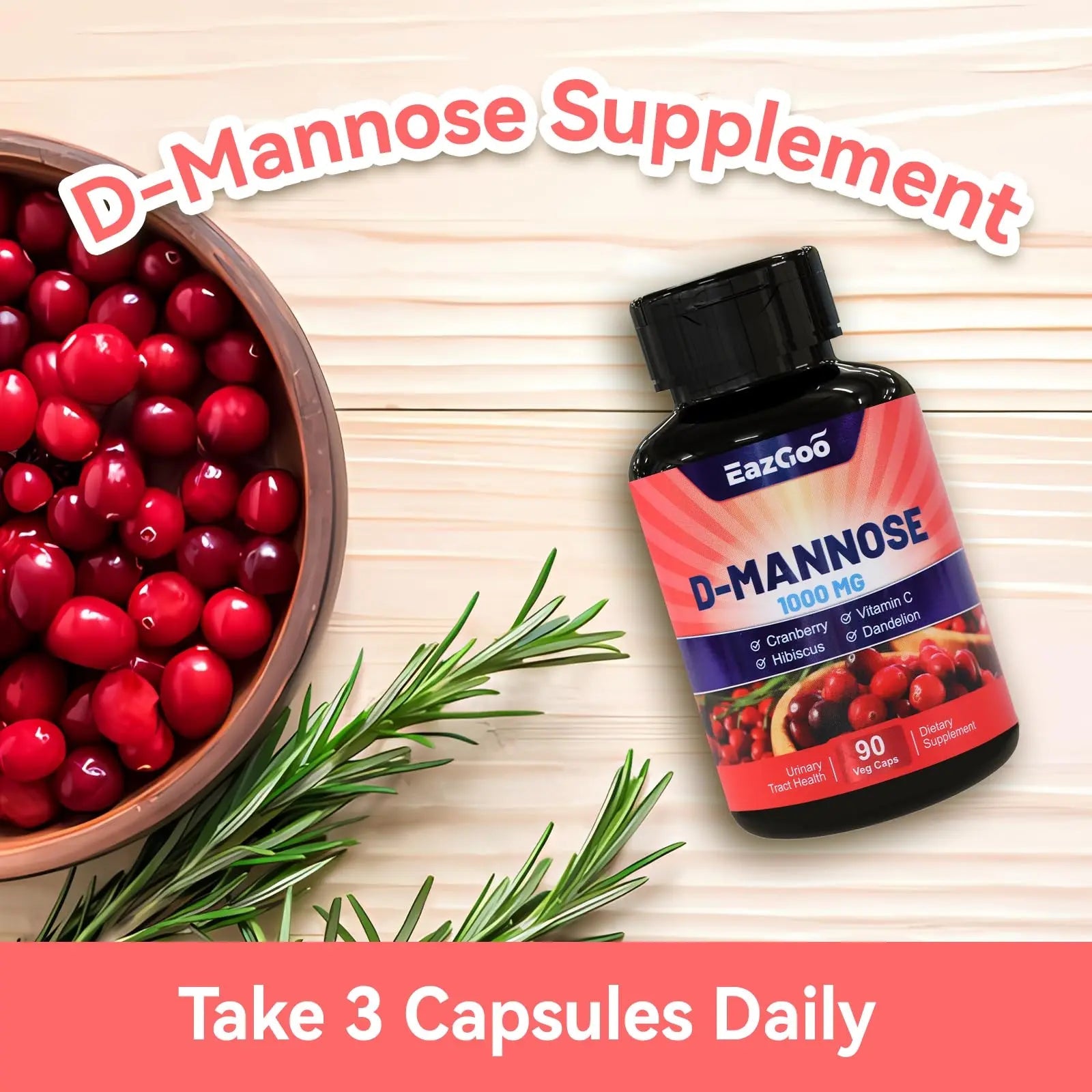 EAZGOO D-Mannose Supplement – 1000mg Capsules with Cranberry, Vitamin C, Hibiscus & Dandelion Extract, Support Urinary Health, D Mannose & Cranberry Capsules, 90 Count(Pack of 2) EAZGOO uk supplements