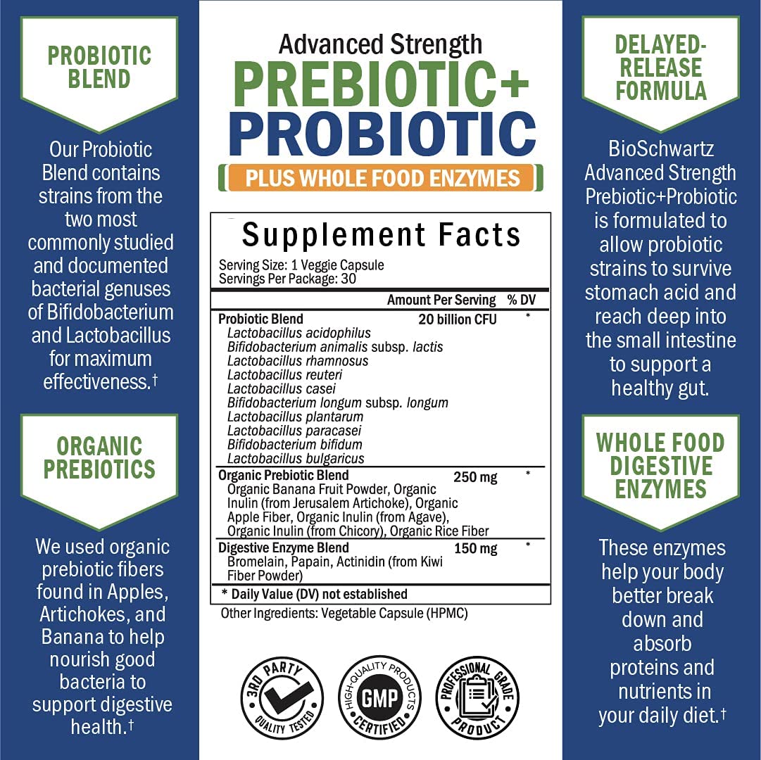 Probiotic & Prebiotic Digestive Health Capsules - 30ct, Gluten & Dairy Free, Non-GMO BioSchwartz uk supplements