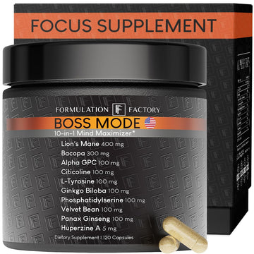 Formulation Factory Nootropic Brain Supplement - Boss Mode Focus & Memory Complex with Lion's Mane, Alpha GPC & Bacopa - Cognitive Support - 120 Capsules, 2 Month Supply Formulation Factory uk supplements