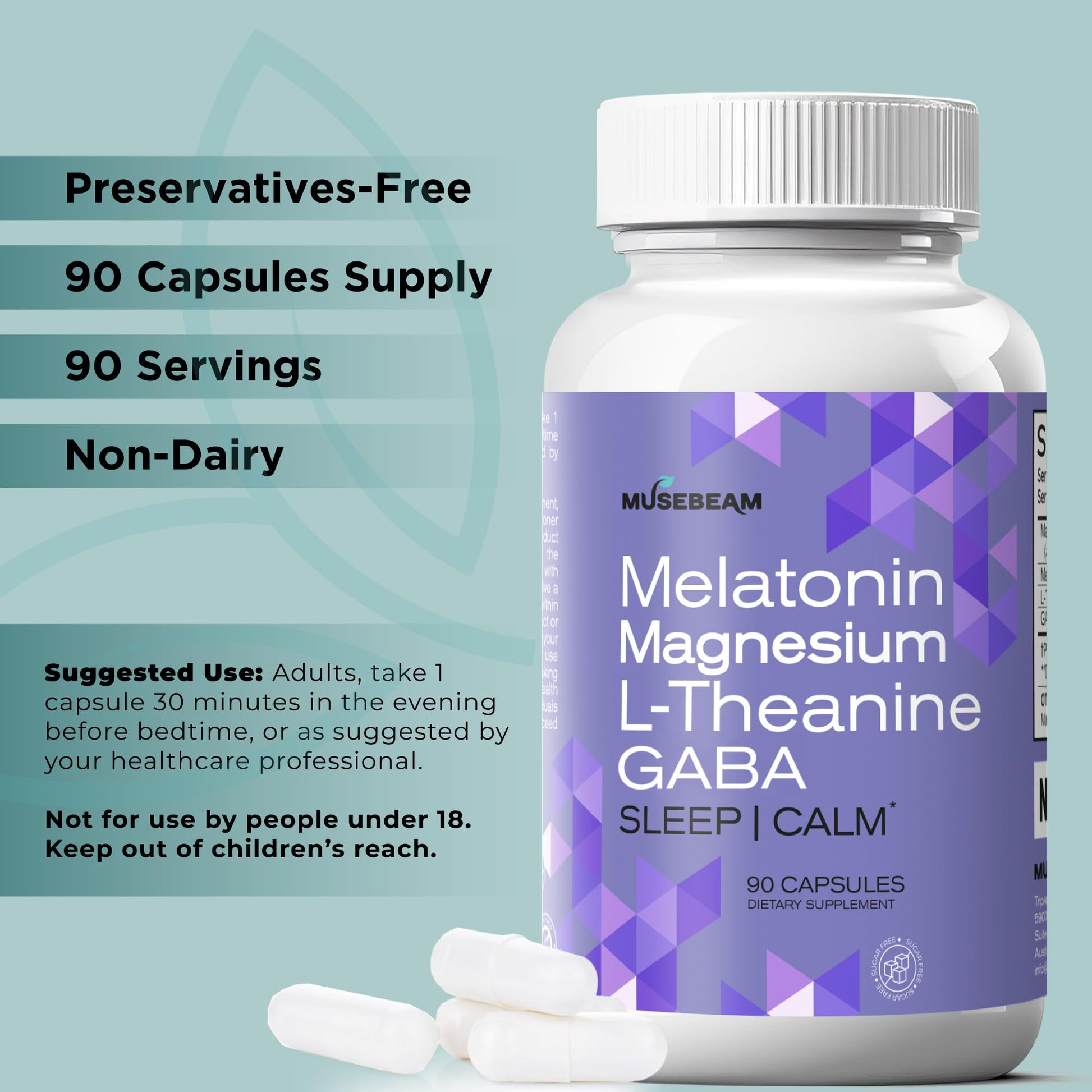 MuseBeam Magnesium Glycinate 275mg Melatonin 5mg L-Theanine 200mg GABA 100mg Capsules - Full Rest Nighttime Bedtime Support Supplement for Men Women - Vegan Sugar-Free Gluten-Free musebeam uk supplements