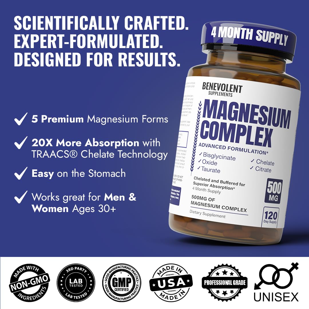 Magnesium Complex Supplement, 4 Month Supply of 500mg 5-in-1 Bisglycinate, Oxide, Taurate, Aspartate, Citrate, Max Absorption Magnesium Supplement for Calm, Sleep & Leg Cramps, 120 Capsule Benevolent Nourishment uk supplements