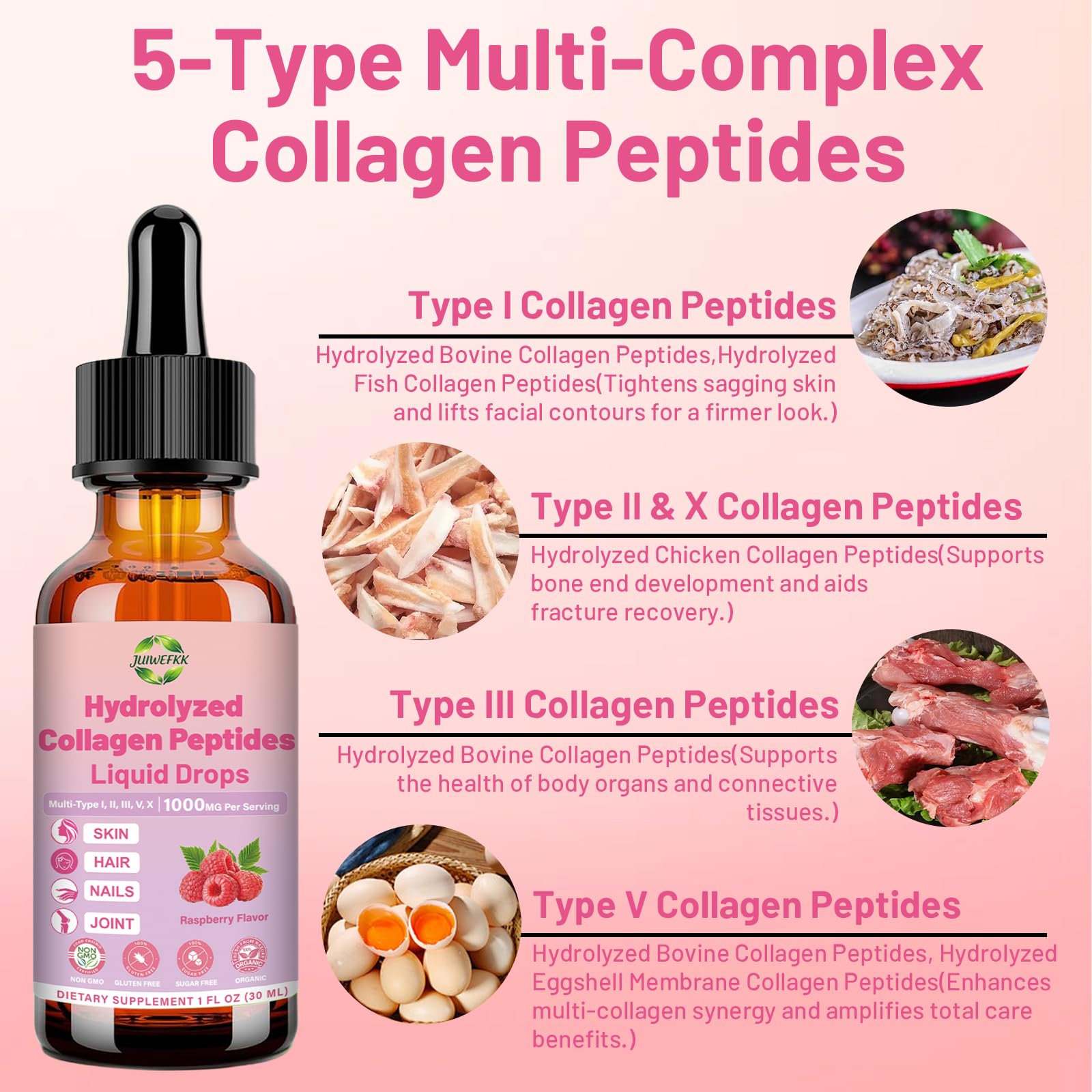 JUIWEFKK Hydrolyzed Collagen Peptides Liquid Organic Collagen Complex w. Biotin, Vitamin C & Hyaluronic Acid, Liquid Collagen Types I, II, III, IV, V for Hair, Skin, Nails & Joint Healthd JUIWEFKK uk supplements
