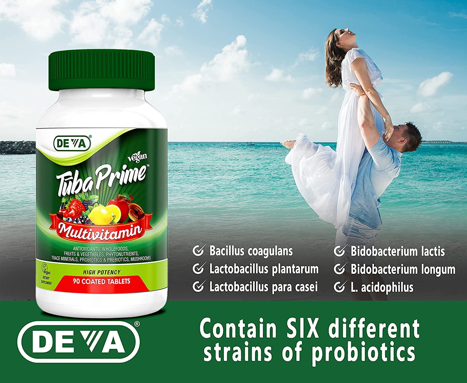DEVA Tuba Prime Vegan Multivitamin Iron-Free High-Potency Vitamin & Mineral Dietary Supplement Antioxidants, Fruit & Veg Blend, Super Mushrooms, Probiotics, Prebiotics, Seeds, Herbs 90 Tabs 2-Pack DEVA uk supplements