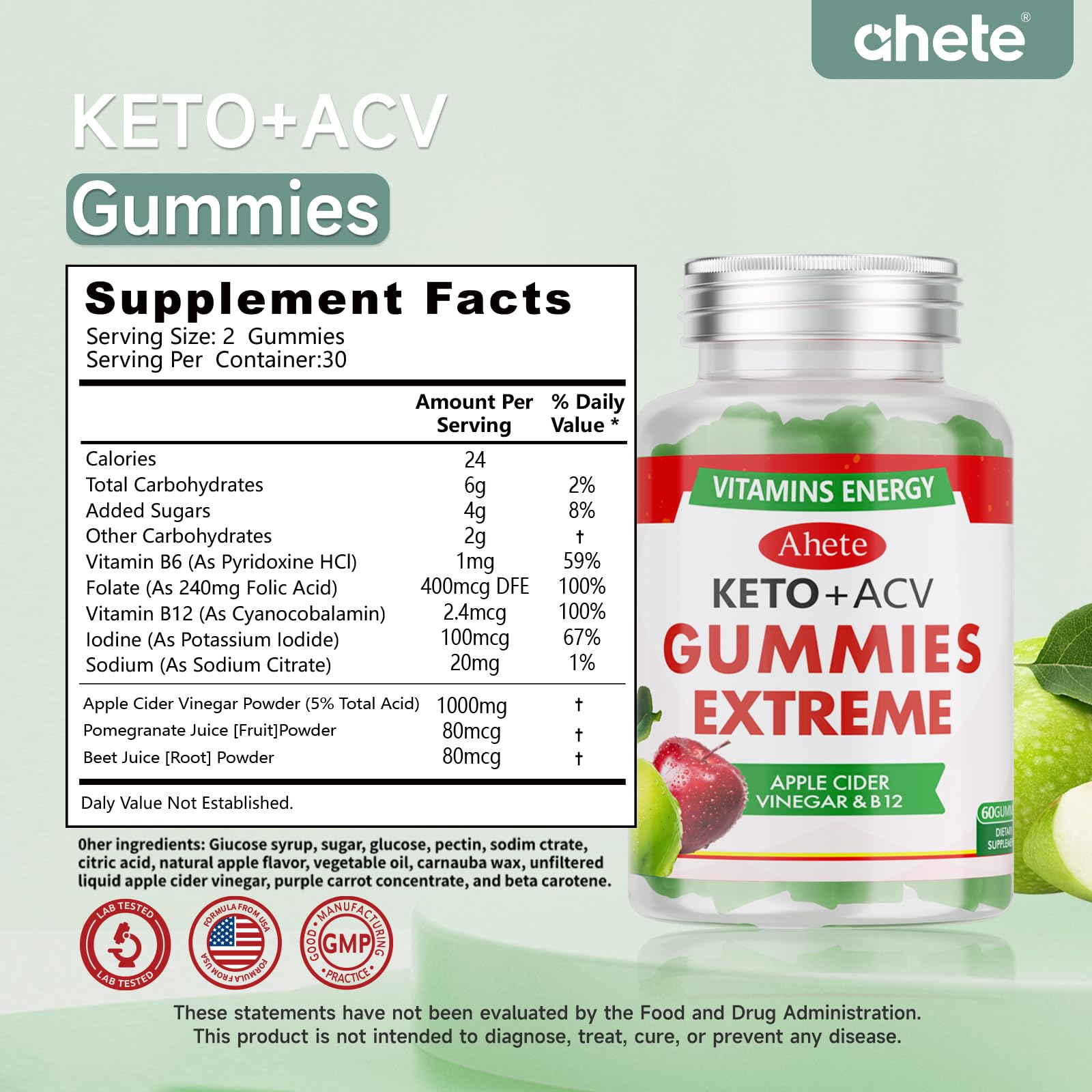 Ahete Keto Apple Cider Vinegar Gummies with Vitamin B6, B12, Folate & Beet Root, Keto ACV Gummies Supports Daily Wellness & Metabolism, Natural Apple Flavor, 60 Gummies (30 Day Supply) Ahete uk supplements