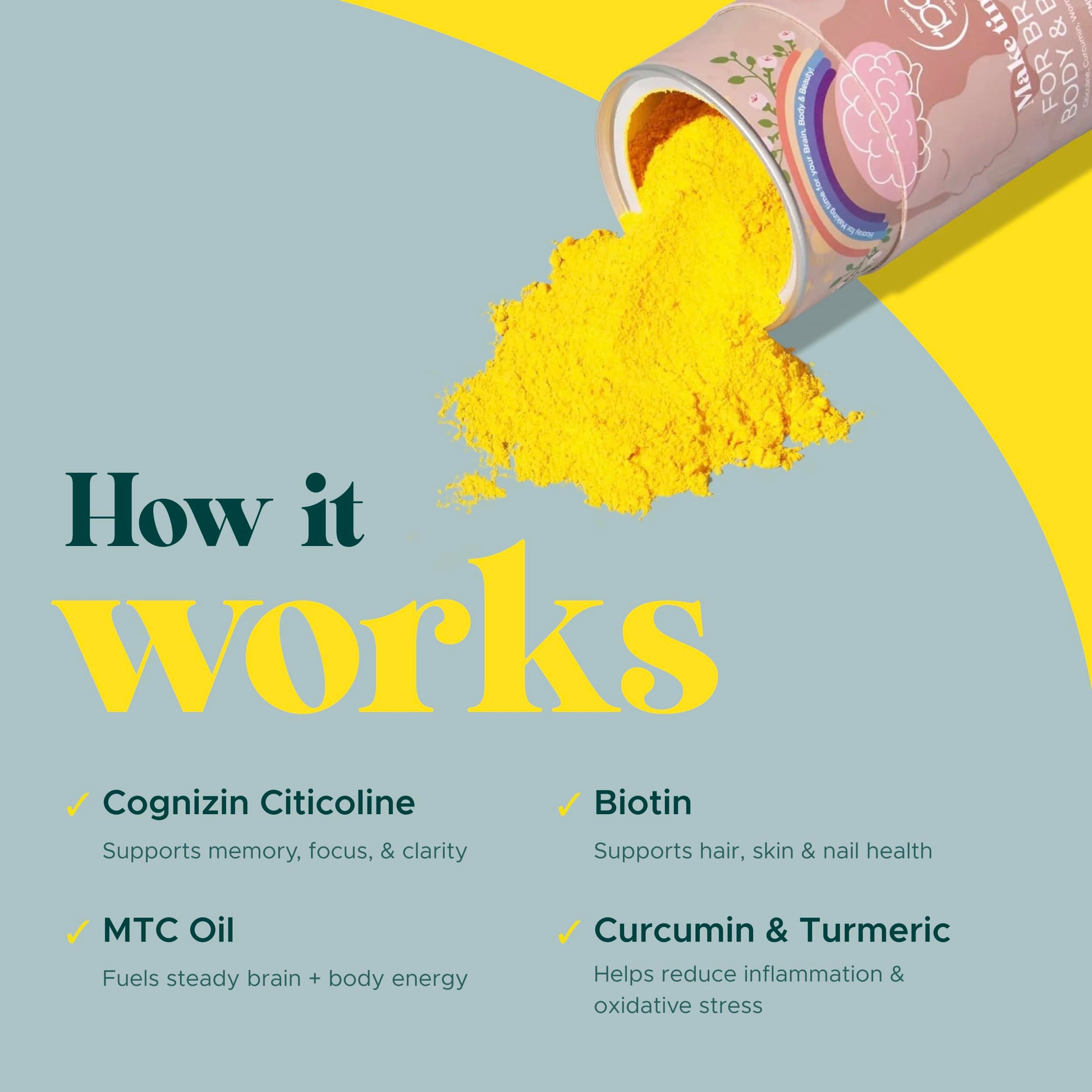 MAKE TIME Brain Health Powder Supplement for Women for Mood, Focus & Energy Boost | Cognizin, Biotin, Vitamin B6, B12, MCTs, Acetyl-L-carnitine, and Curcumin 7.4 oz (30 Servings) MAKE TIME uk supplements