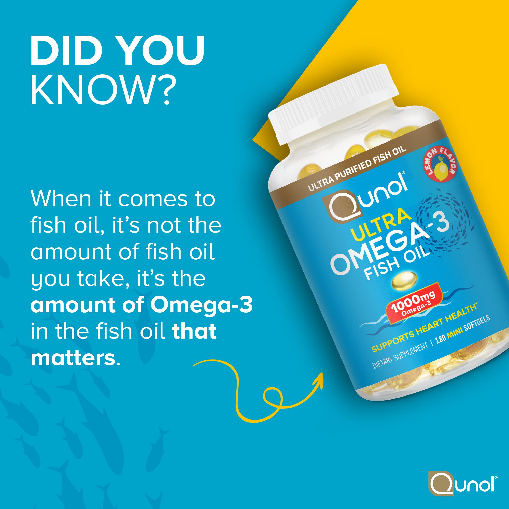 Qunol Fish Oil Omega 3 Mini Softgels, 1000mg Omega 3 EPA + DHA, Ultra Pure Supplements, Heart Health Support, Lemon Flavor, Easy to Swallow Minis, 3 Month Supply, 180 Count Qunol uk supplements