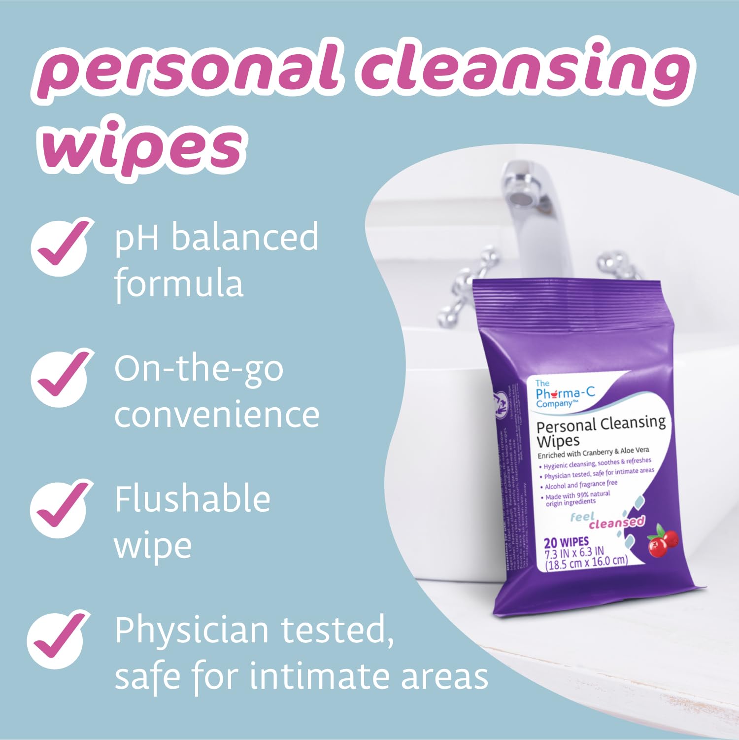 The Pharma-C Company Personal Cleansing Wipes [2 packs of 20 wipes] - Enriched with Cranberry & Aloe Vera Generic uk supplements