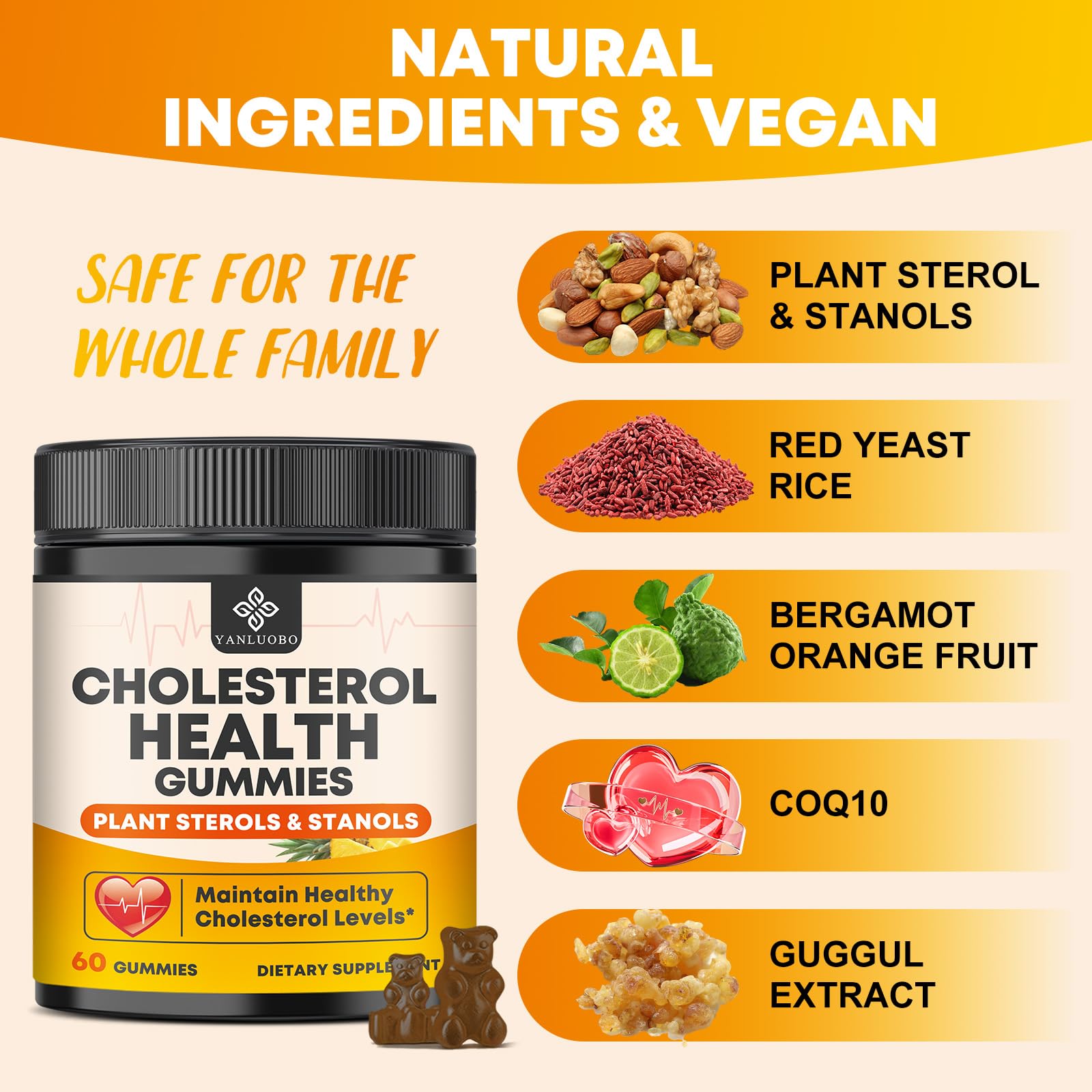 Cholesterol Supplements with 1200mg Plant Sterols & Stanols, Guggul, Bergamot, Red Yeast Rice, Cholesterol Complex Gummies Support Healthy Cholesterol Levels, Pineapple Flavor, 60 Counts YANLUOBO uk supplements
