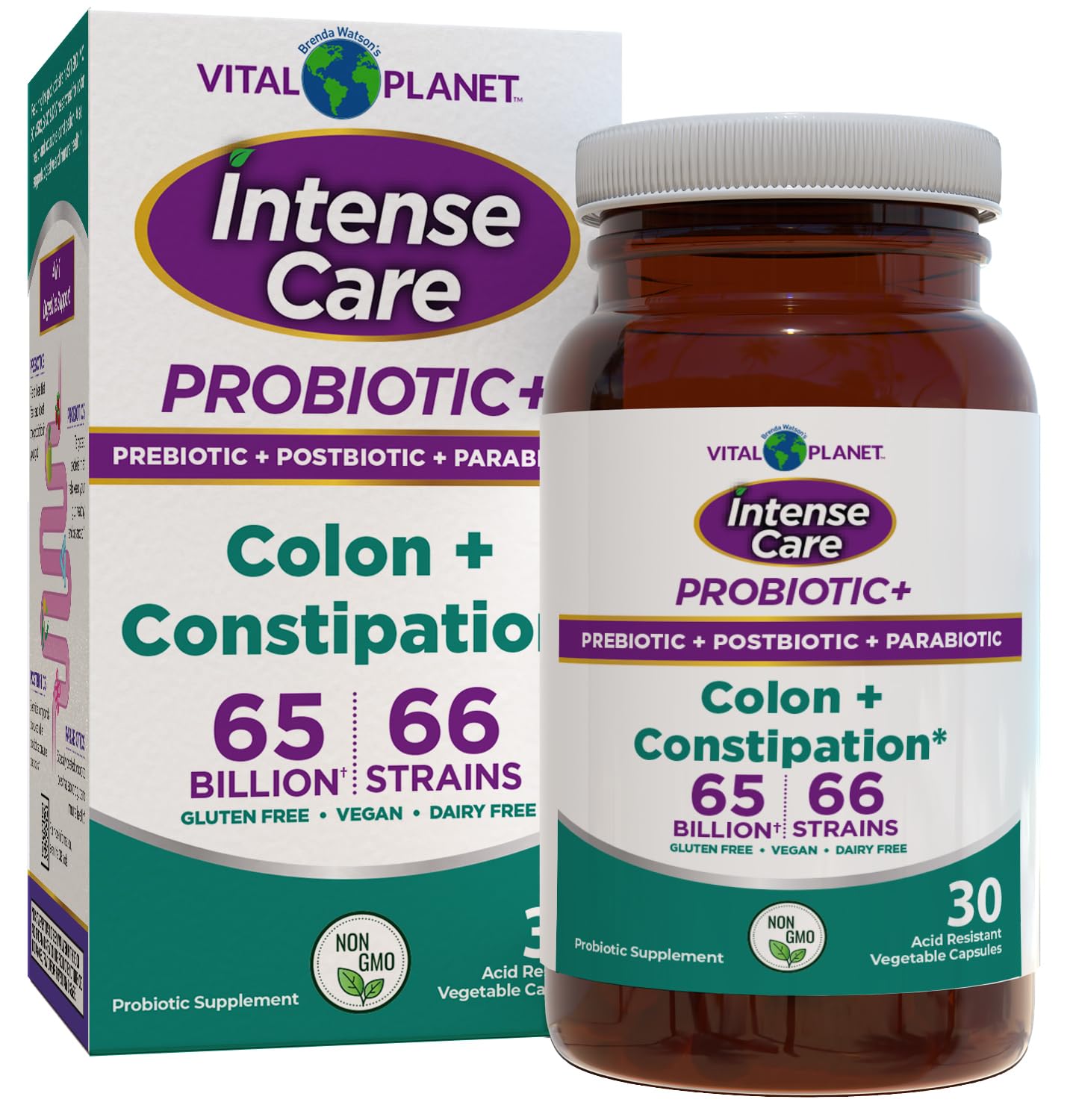 Vital Planet - Intense Care Colon & Constipation Probiotics, Prebiotics, Postbiotics, Parabiotics, 4-in-1 Refrigerated Supplement for Adults, 65 Billion CFU, 66 Strains, Digestive and Immune, 30 ct Vital Planet uk supplements